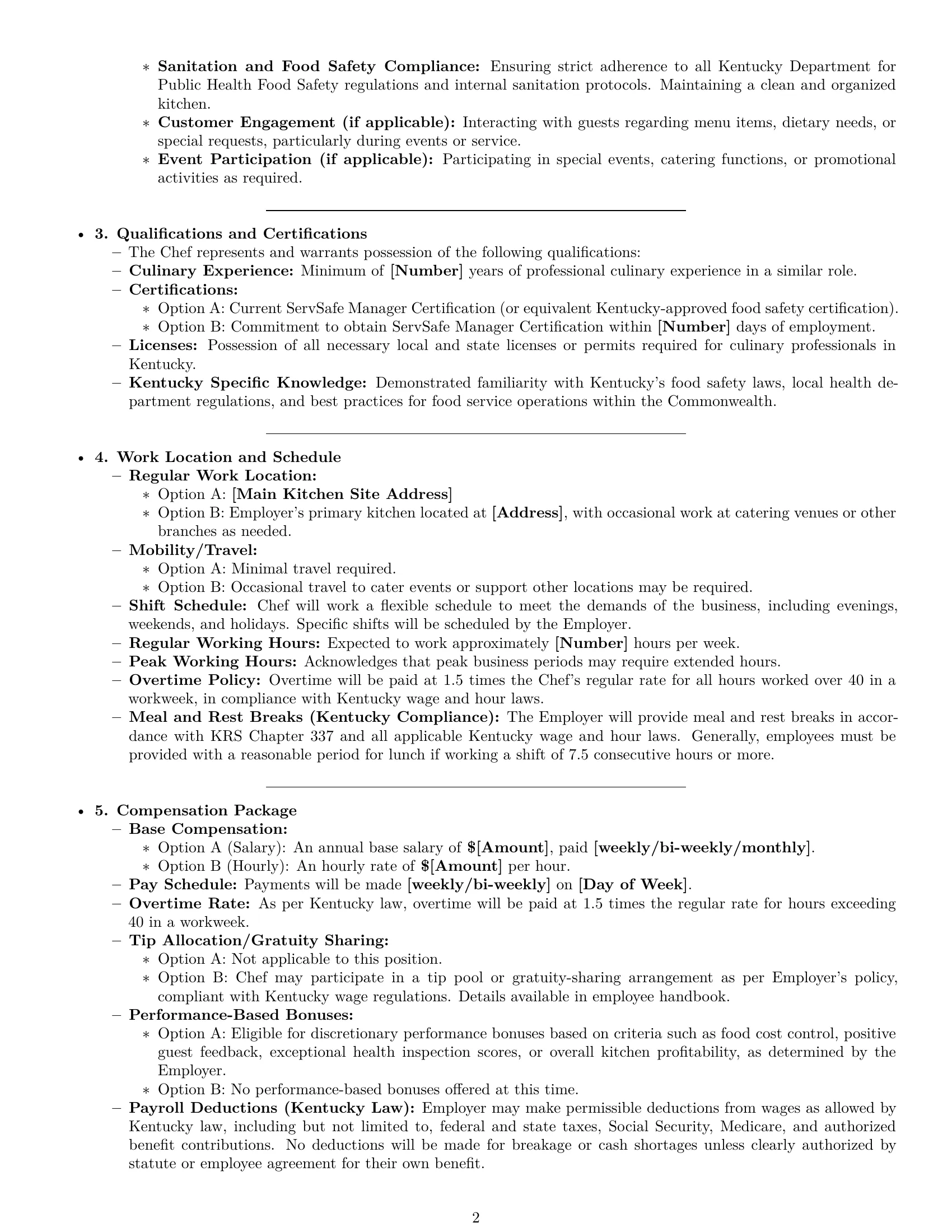 Preview page 2 of Pro Kentucky chef employment contract template