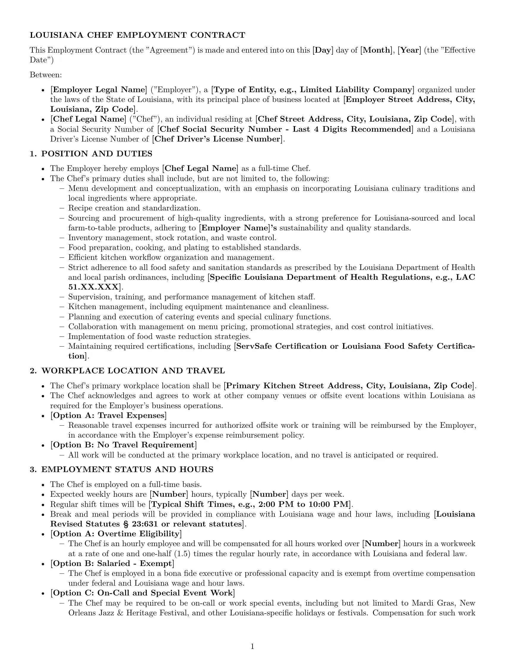 Preview page 1 of Pro Louisiana chef employment contract template