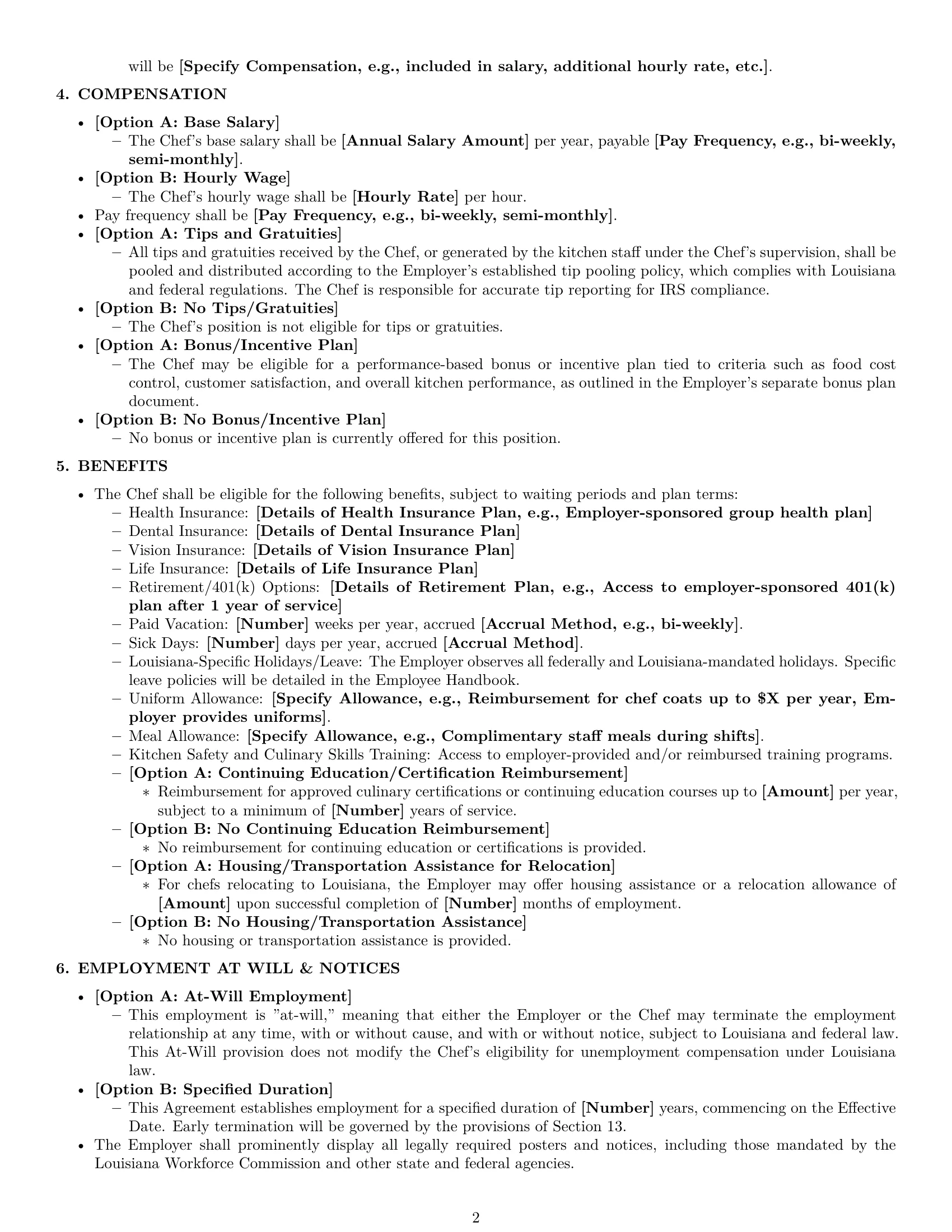 Preview page 2 of Pro Louisiana chef employment contract template