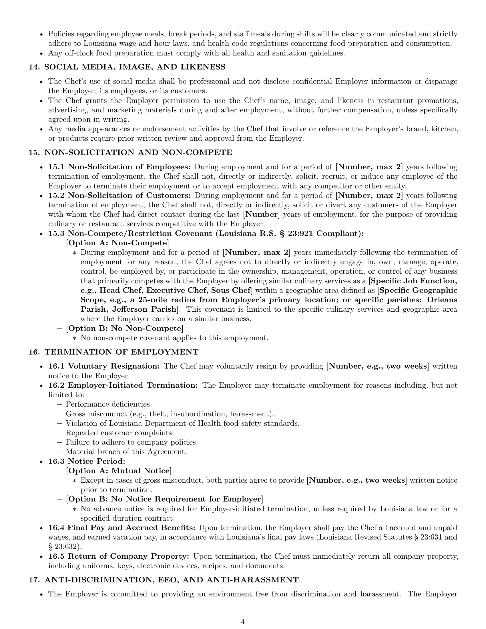 Preview page 4 of Pro Louisiana chef employment contract template