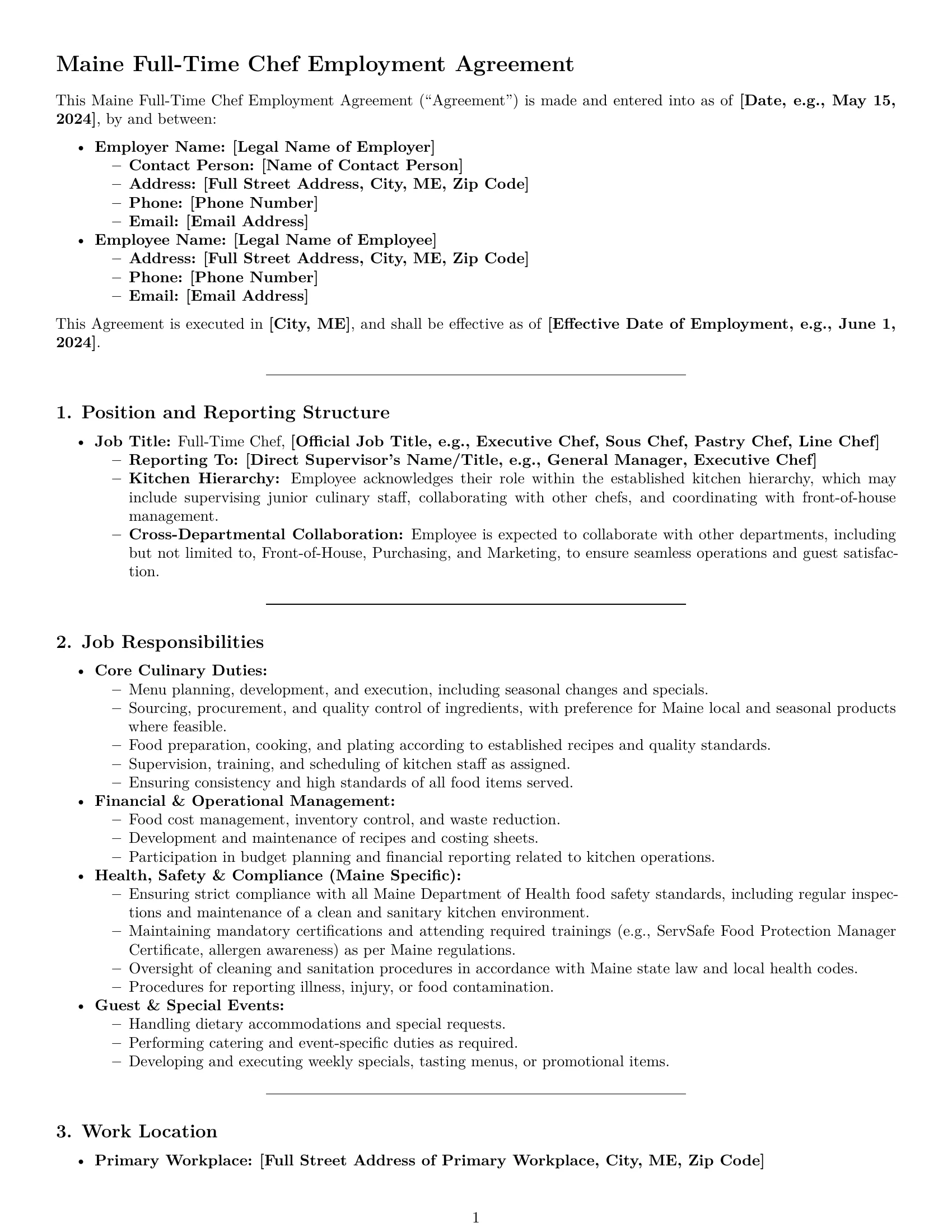 Preview page 1 of Pro Maine chef employment contract template