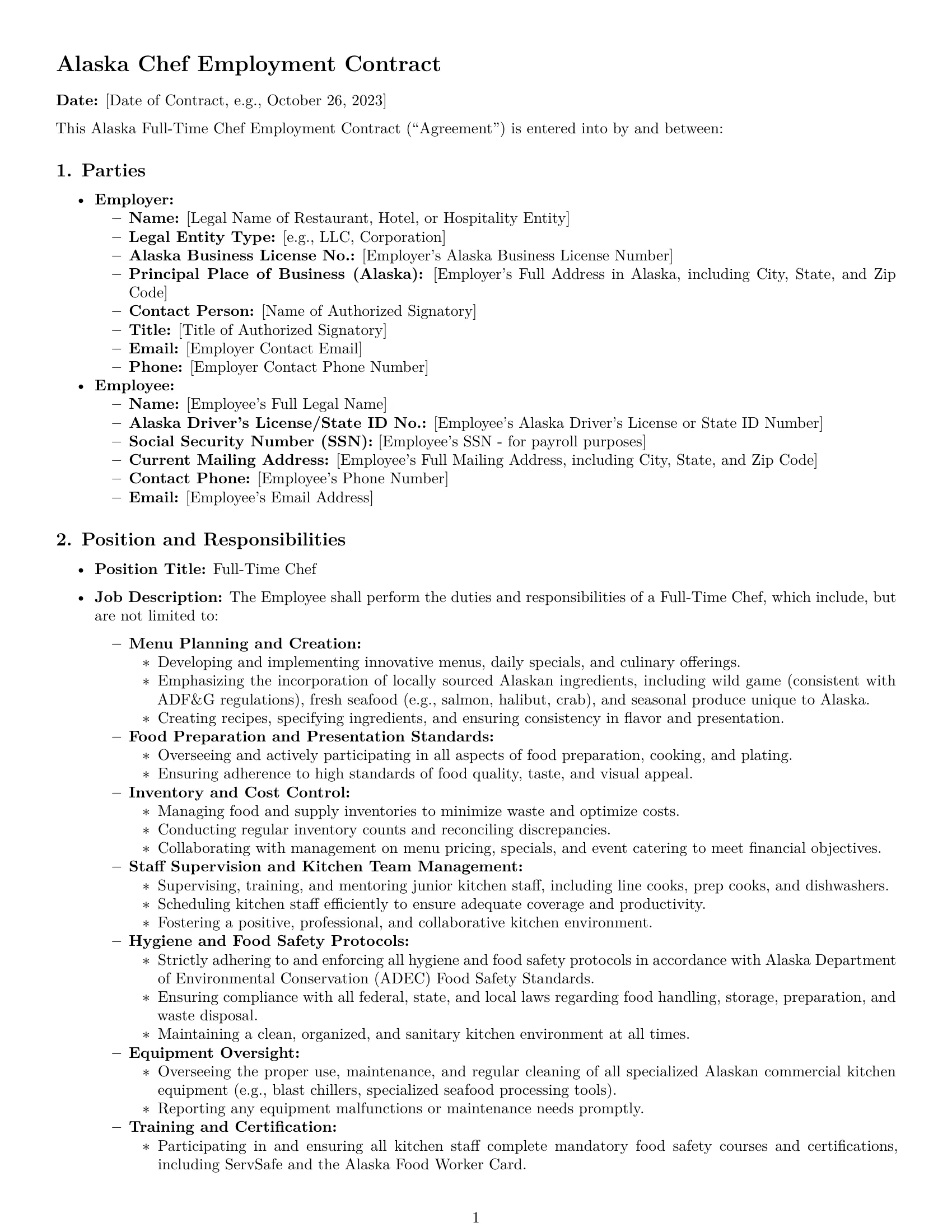 Preview page 1 of Pro Alaska chef employment contract template