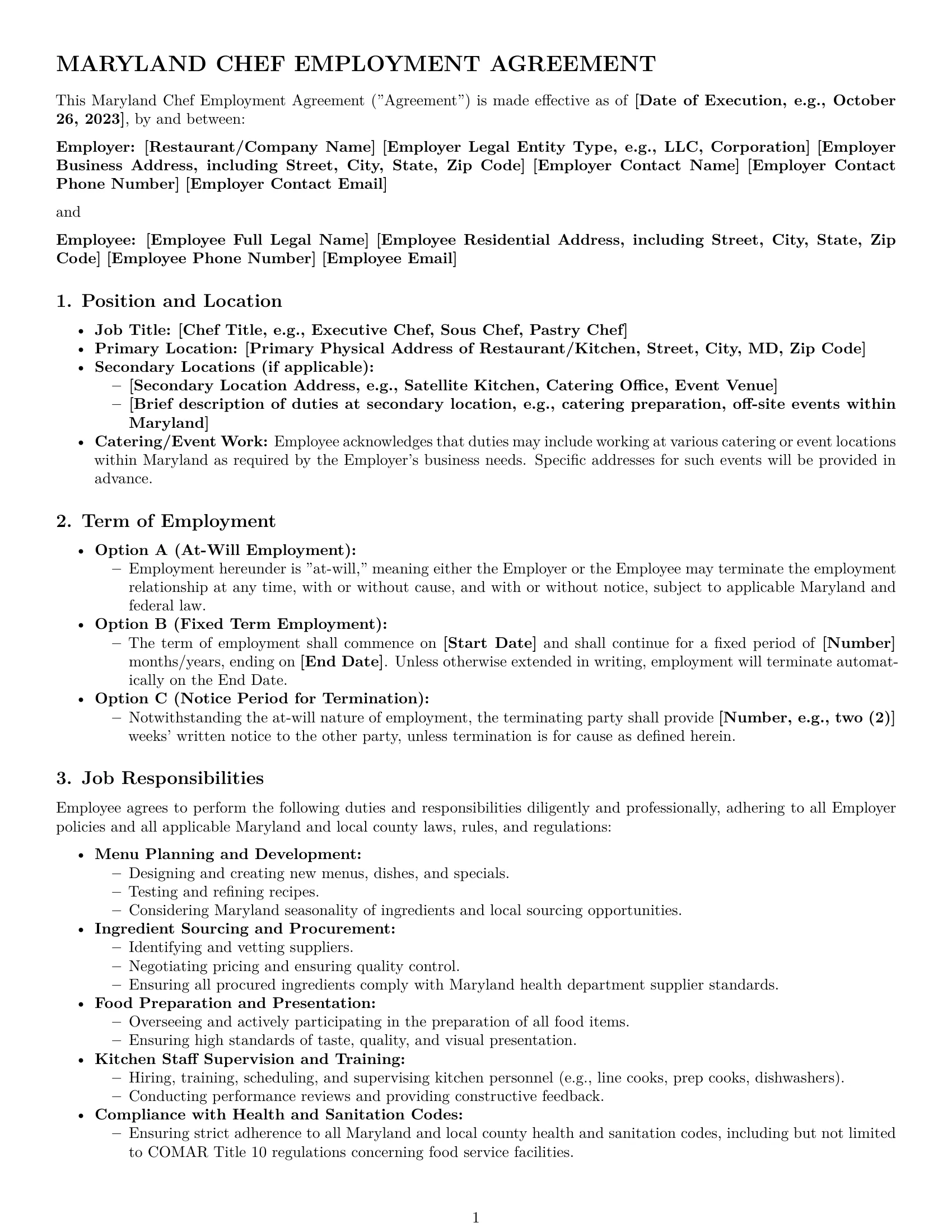 Preview page 1 of Pro Maryland chef employment contract template