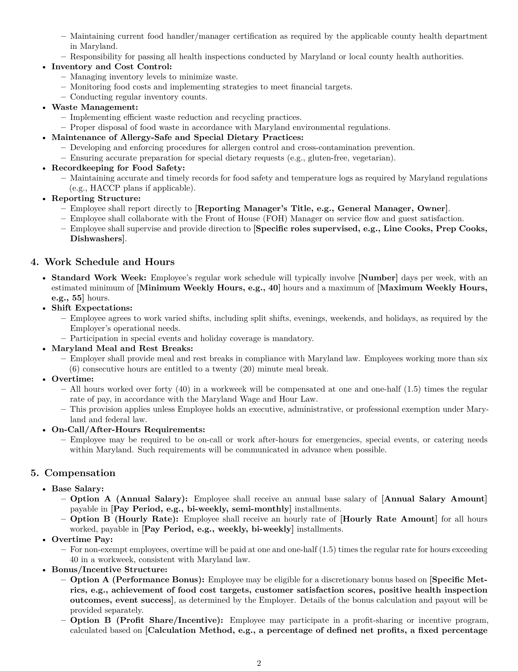 Preview page 2 of Pro Maryland chef employment contract template