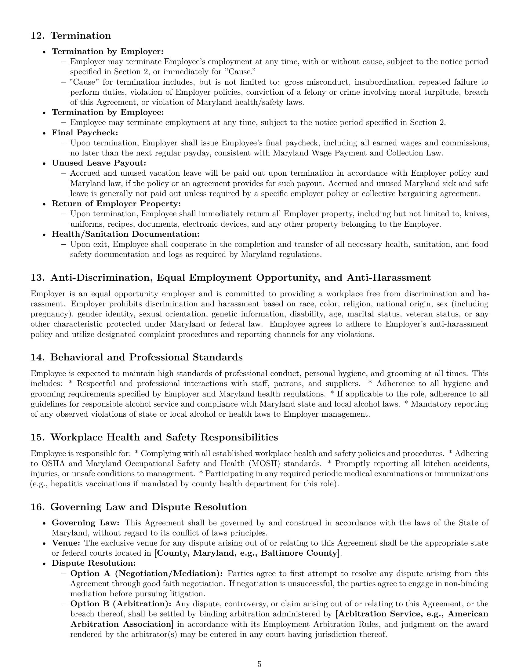 Preview page 5 of Pro Maryland chef employment contract template