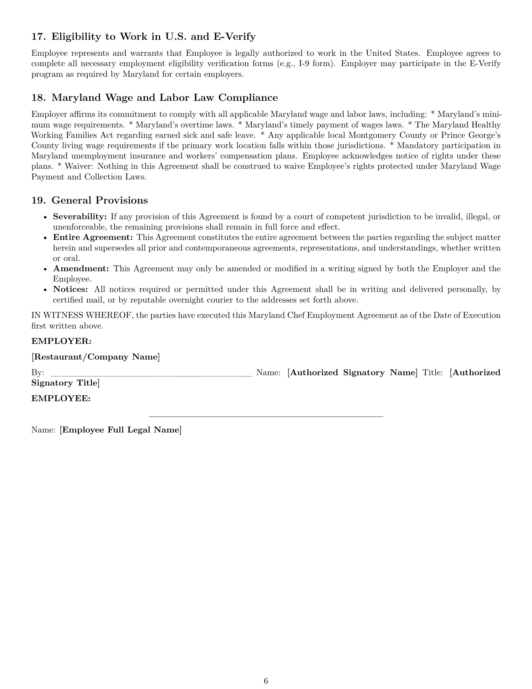 Preview page 6 of Pro Maryland chef employment contract template