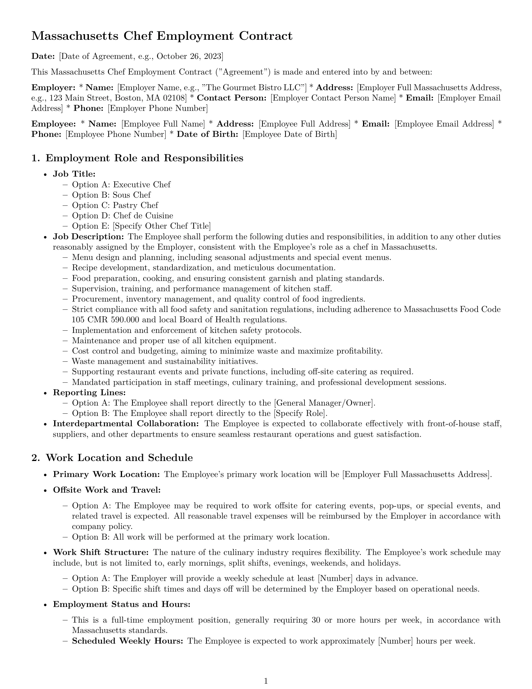 Preview page 1 of Pro Massachusetts chef employment contract template