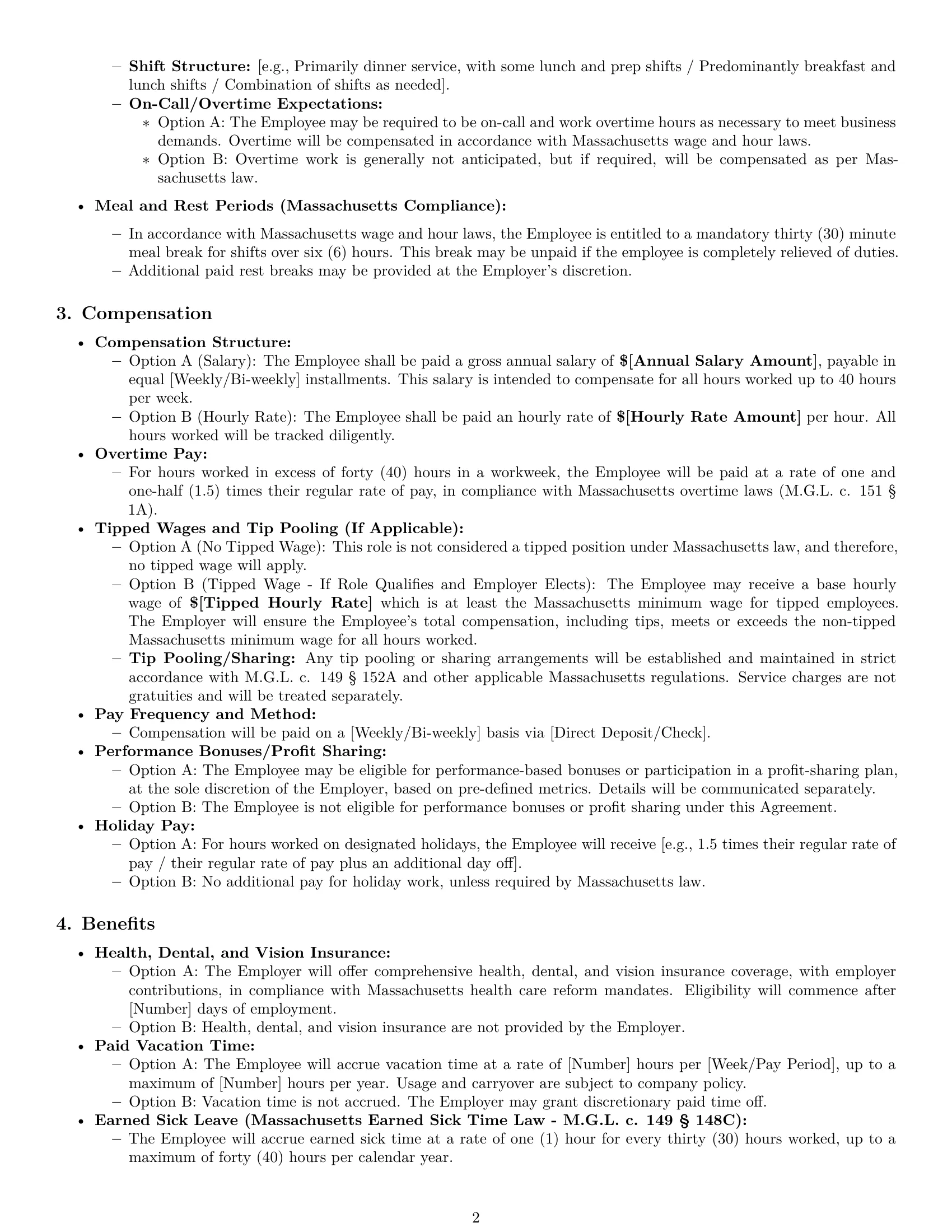 Preview page 2 of Pro Massachusetts chef employment contract template