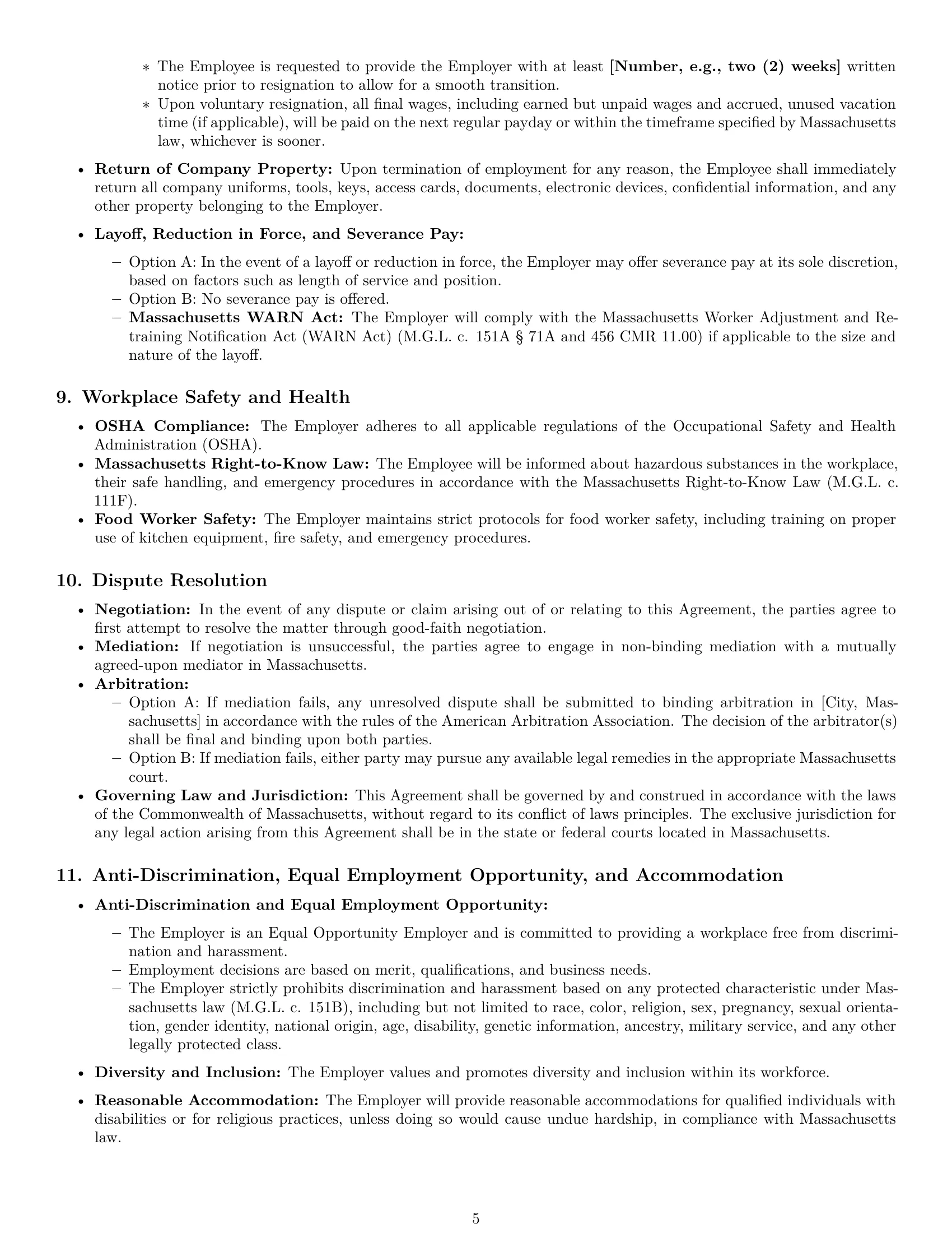 Preview page 5 of Pro Massachusetts chef employment contract template