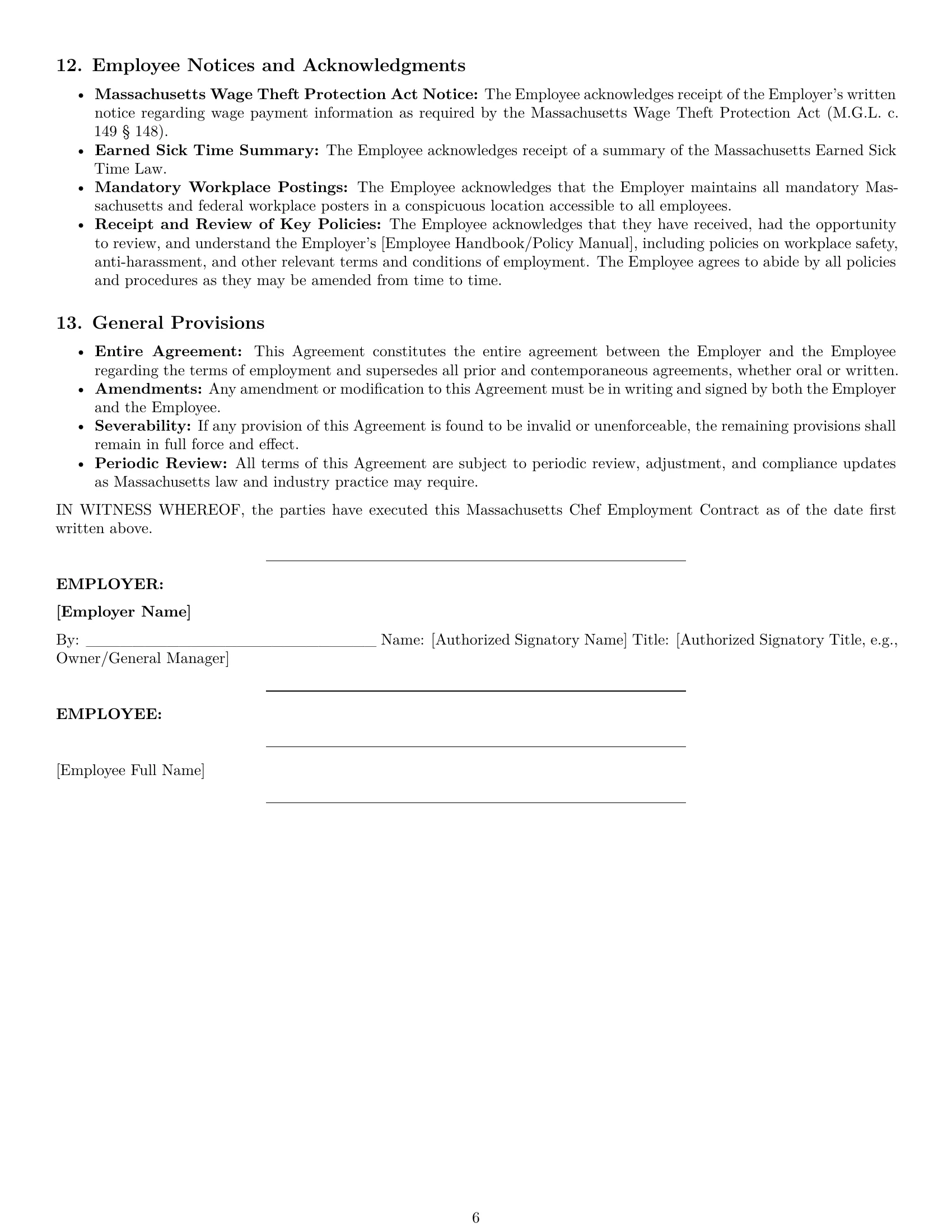 Preview page 6 of Pro Massachusetts chef employment contract template