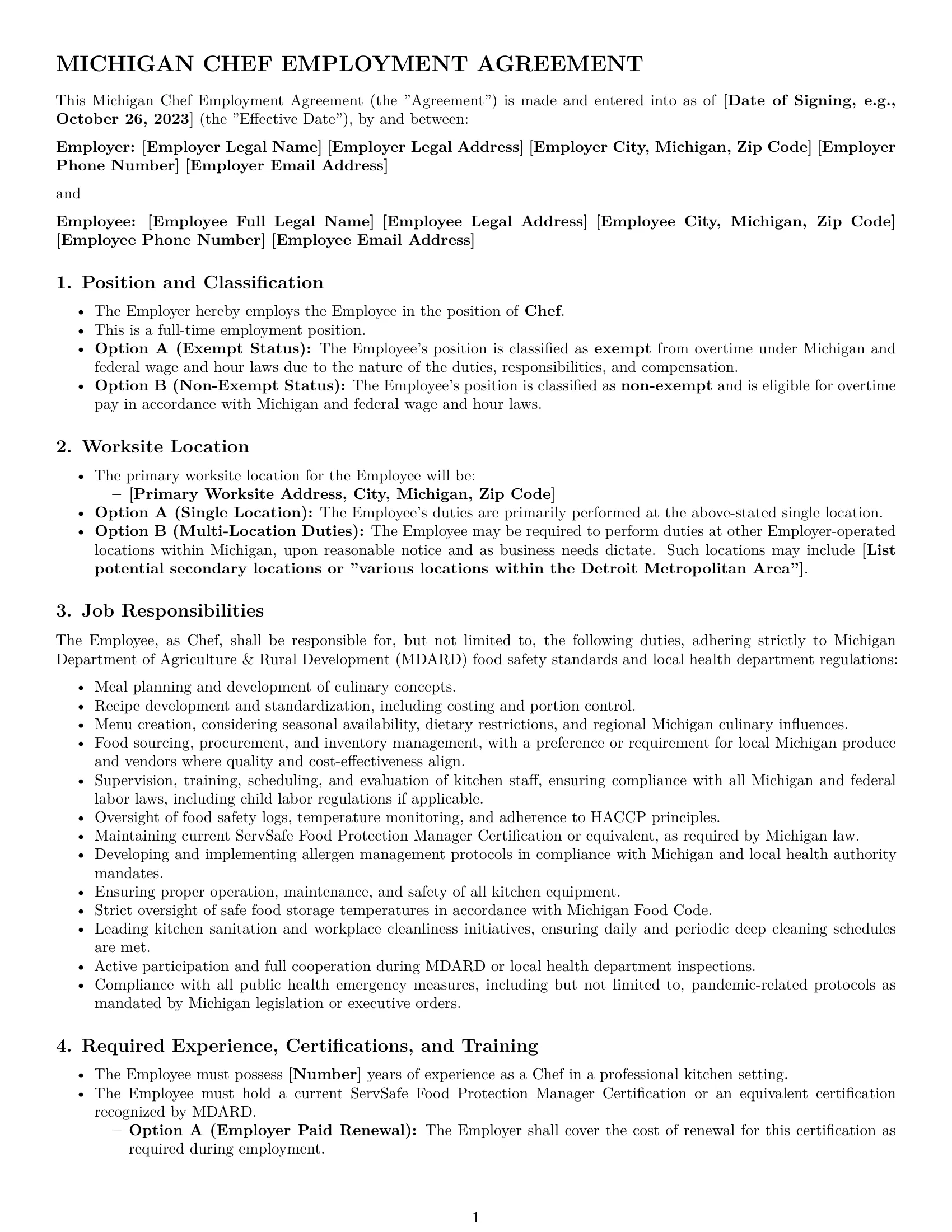 Preview page 1 of Pro Michigan chef employment contract template