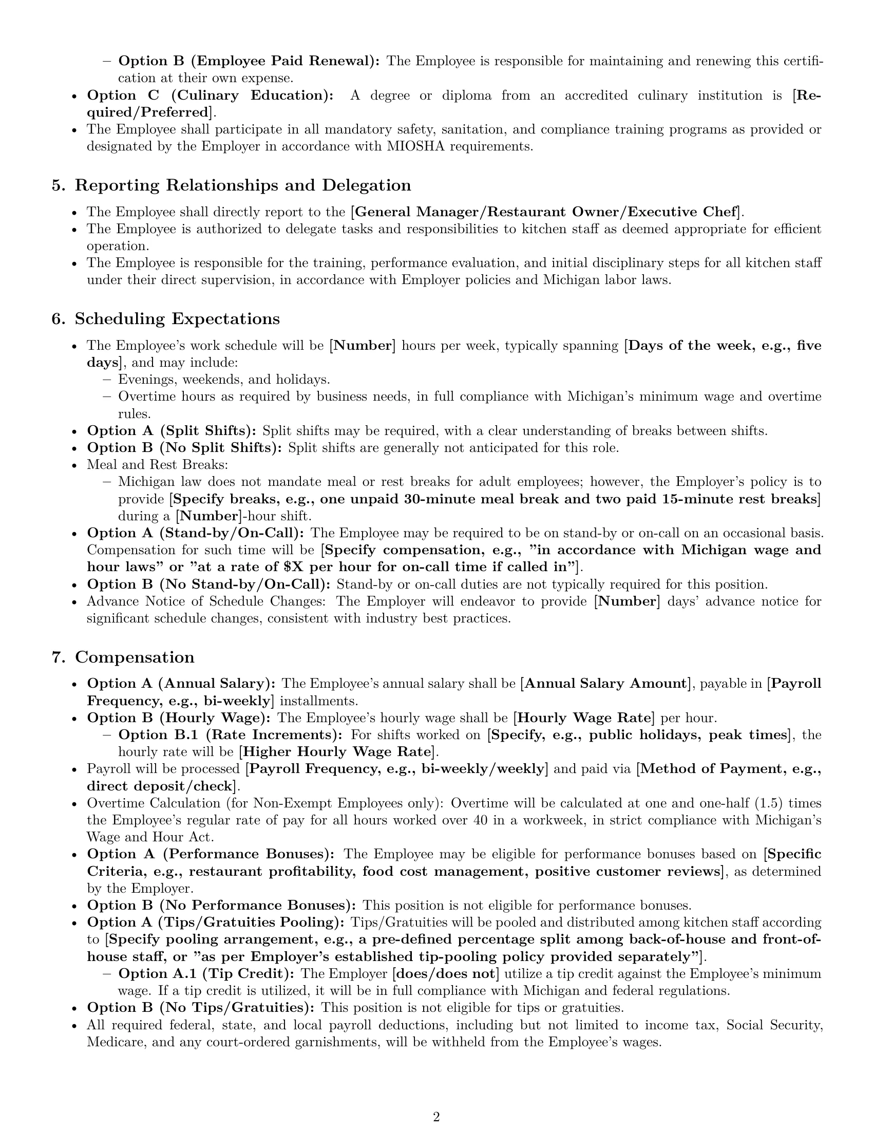 Preview page 2 of Pro Michigan chef employment contract template