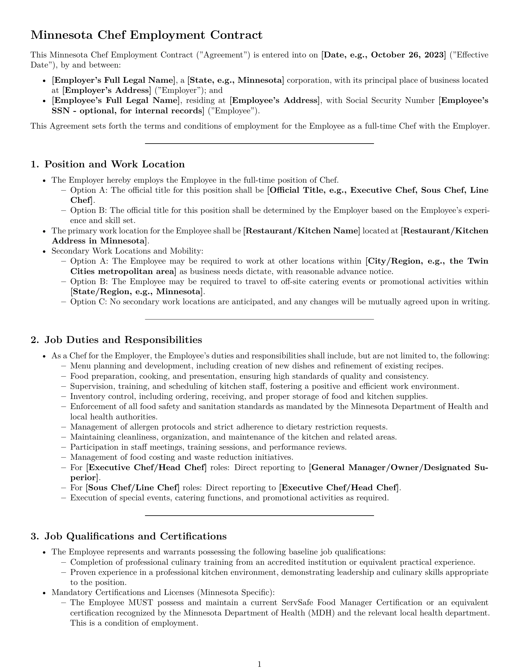 Preview page 1 of Pro Minnesota chef employment contract template