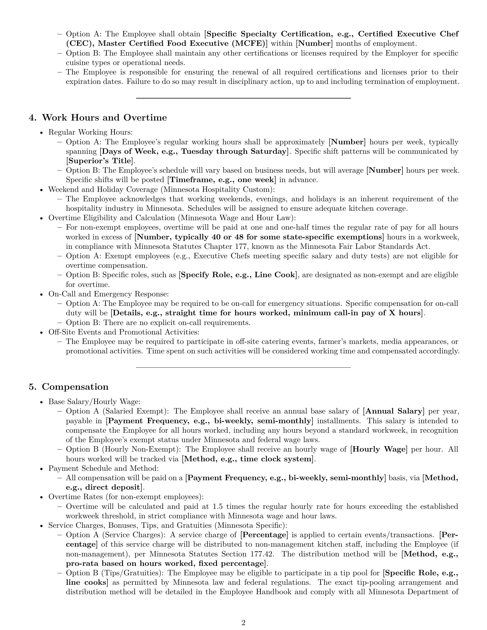 Preview page 2 of Pro Minnesota chef employment contract template
