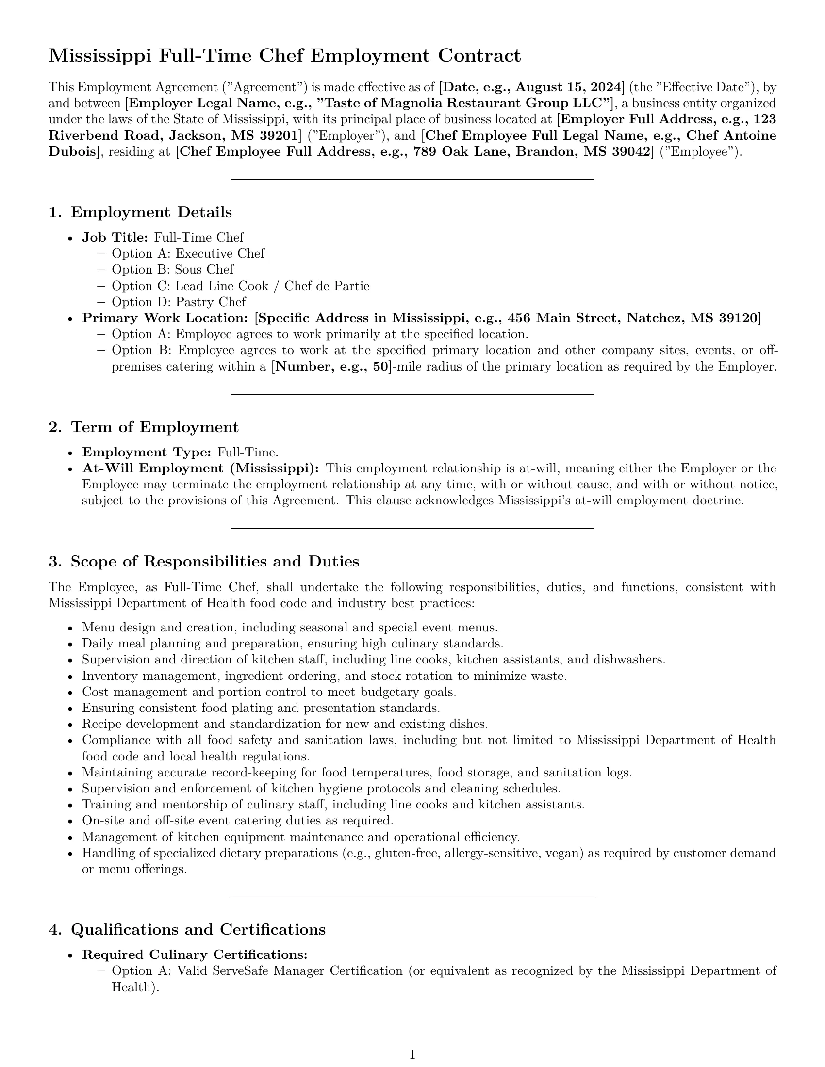 Preview page 1 of Pro Mississippi chef employment contract template