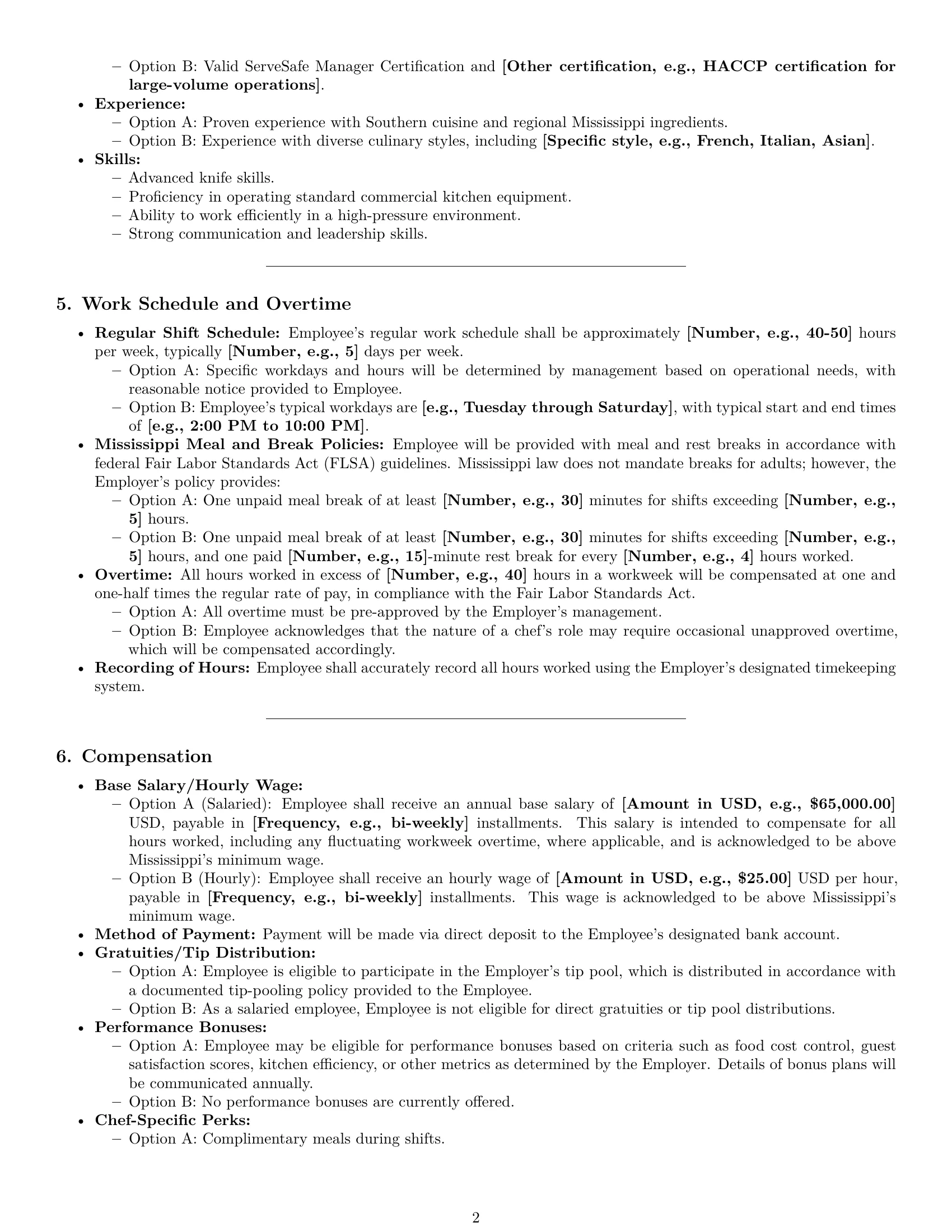 Preview page 2 of Pro Mississippi chef employment contract template