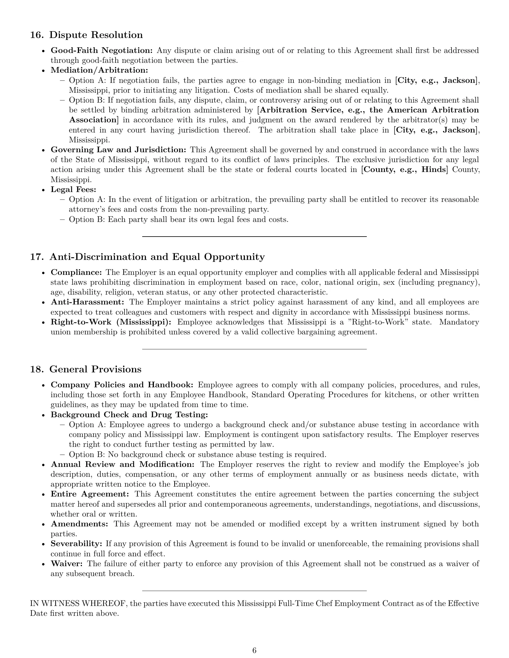 Preview page 6 of Pro Mississippi chef employment contract template