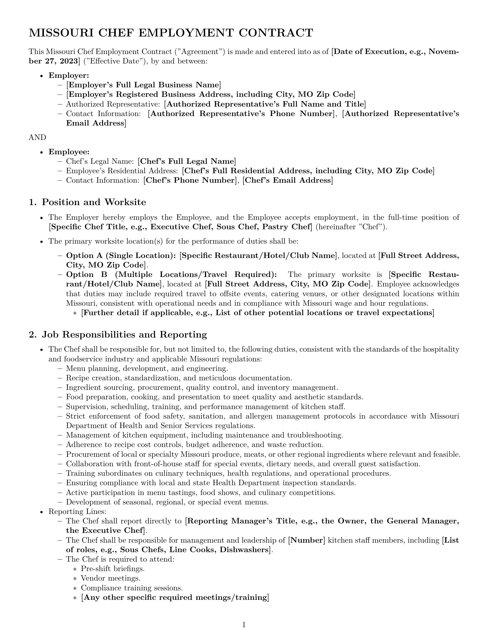 Preview page 1 of Pro Missouri chef employment contract template