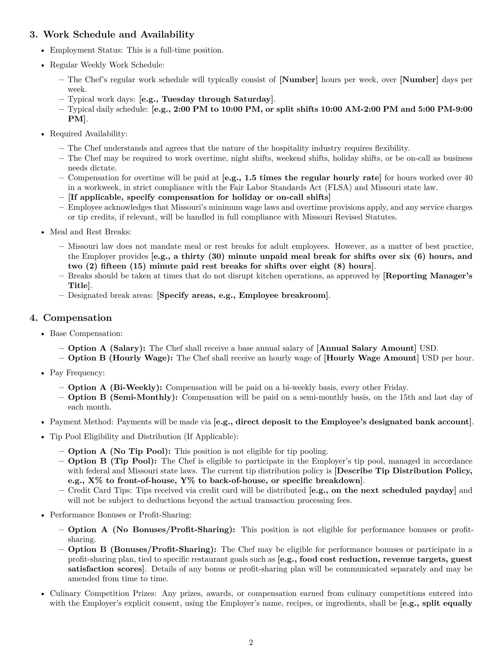 Preview page 2 of Pro Missouri chef employment contract template