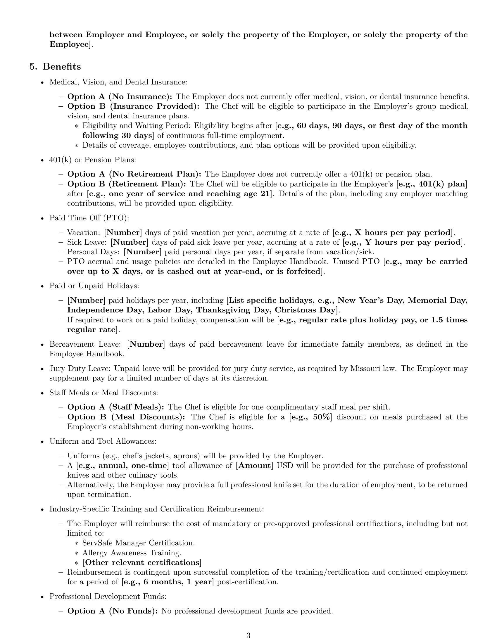 Preview page 3 of Pro Missouri chef employment contract template