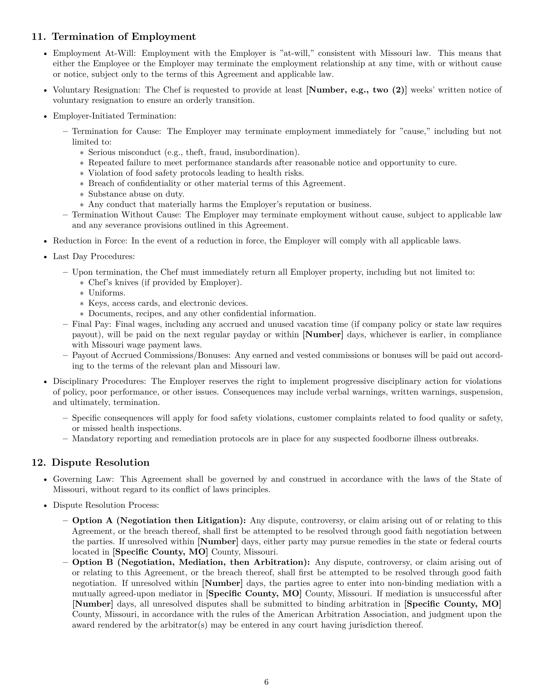 Preview page 6 of Pro Missouri chef employment contract template