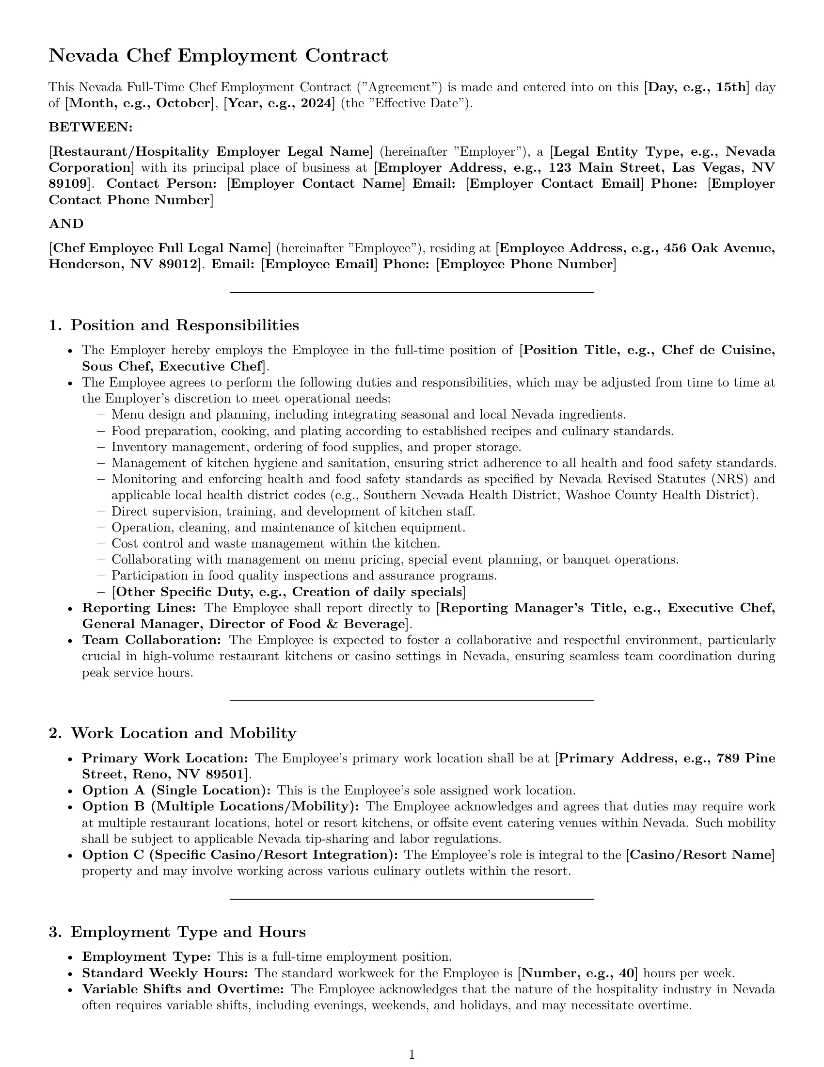 Preview page 1 of Pro Nevada chef employment contract template