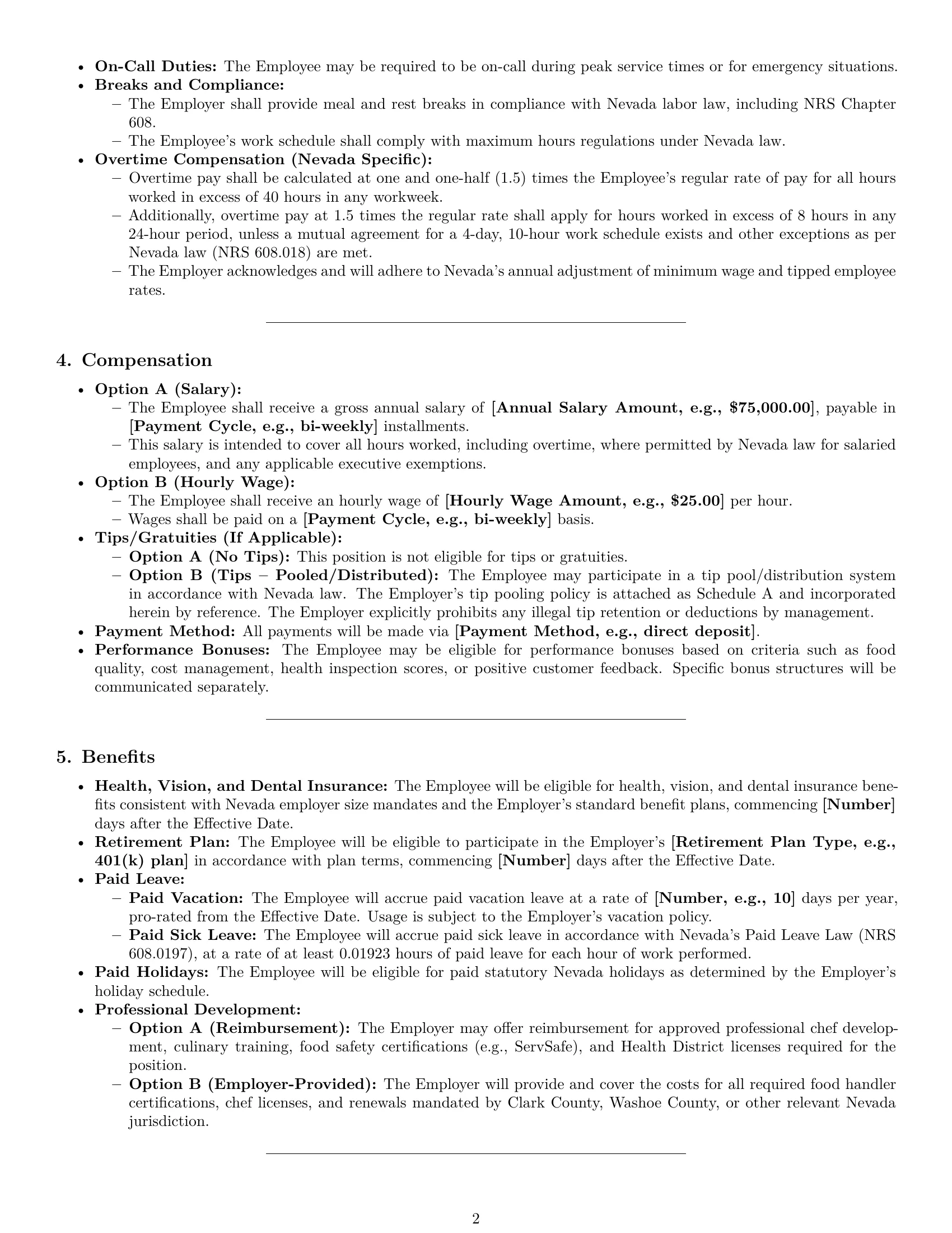 Preview page 2 of Pro Nevada chef employment contract template