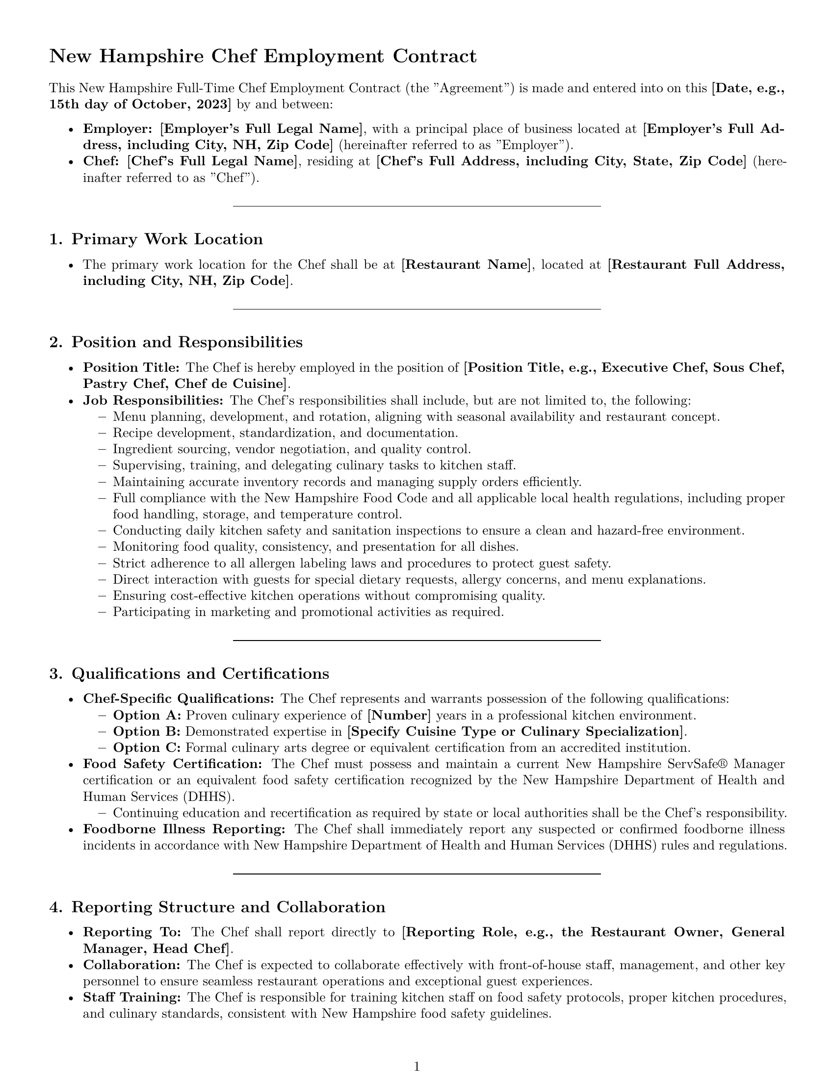 Preview page 1 of Pro New Hampshire chef employment contract template