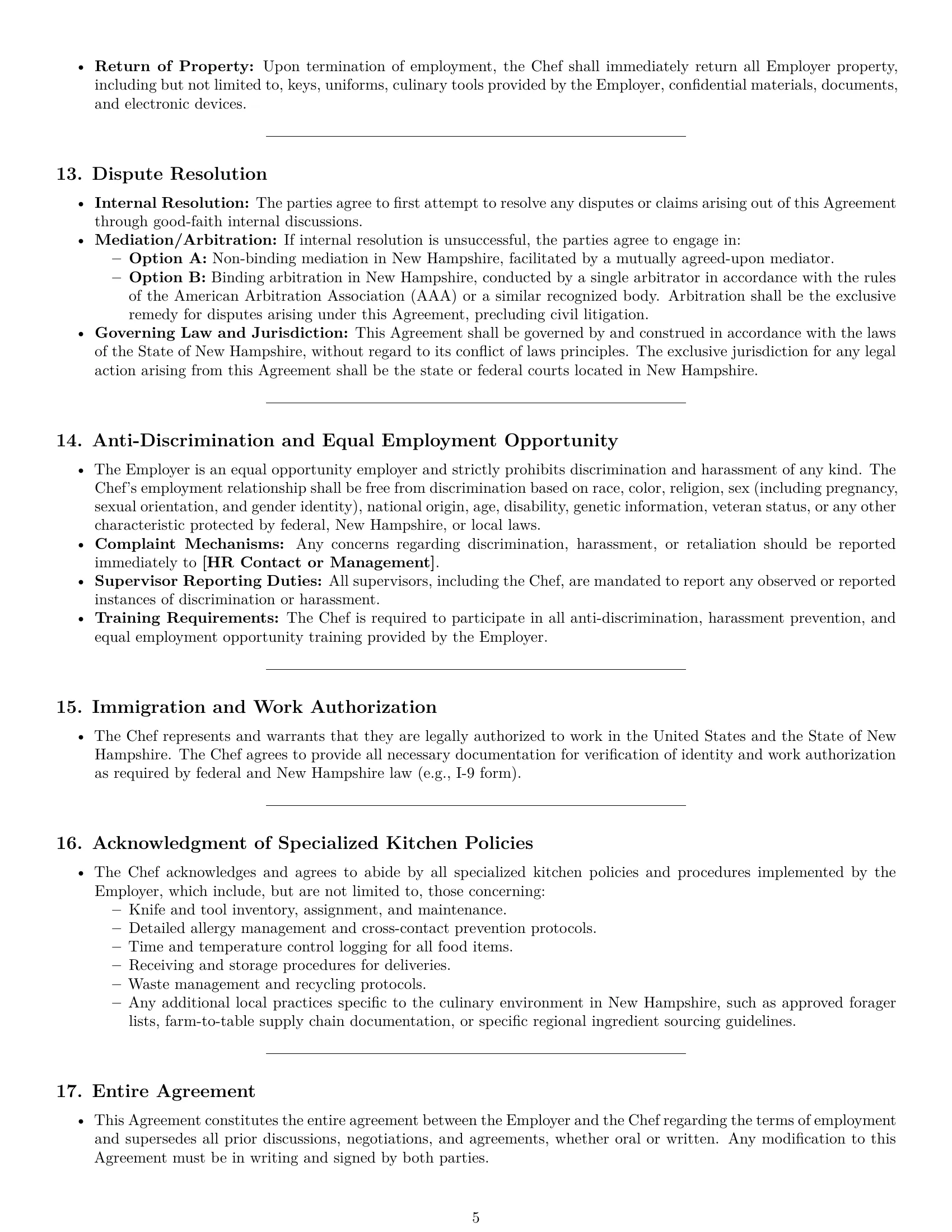 Preview page 5 of Pro New Hampshire chef employment contract template