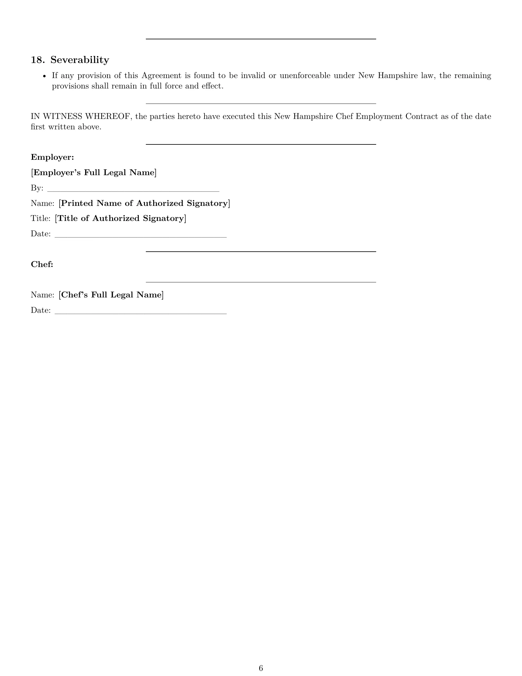 Preview page 6 of Pro New Hampshire chef employment contract template