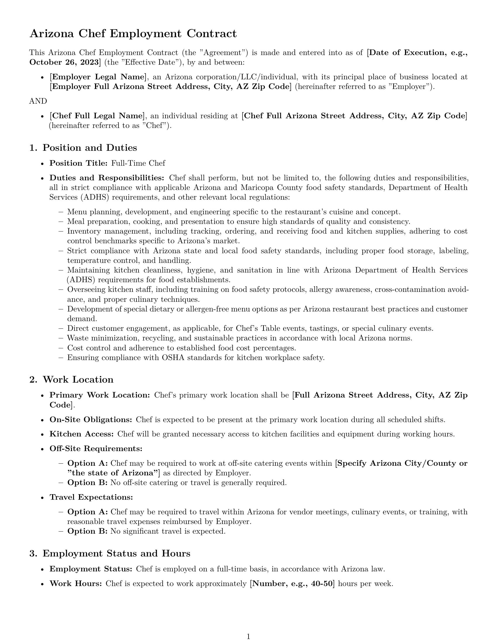 Preview page 1 of Pro Arizona chef employment contract template