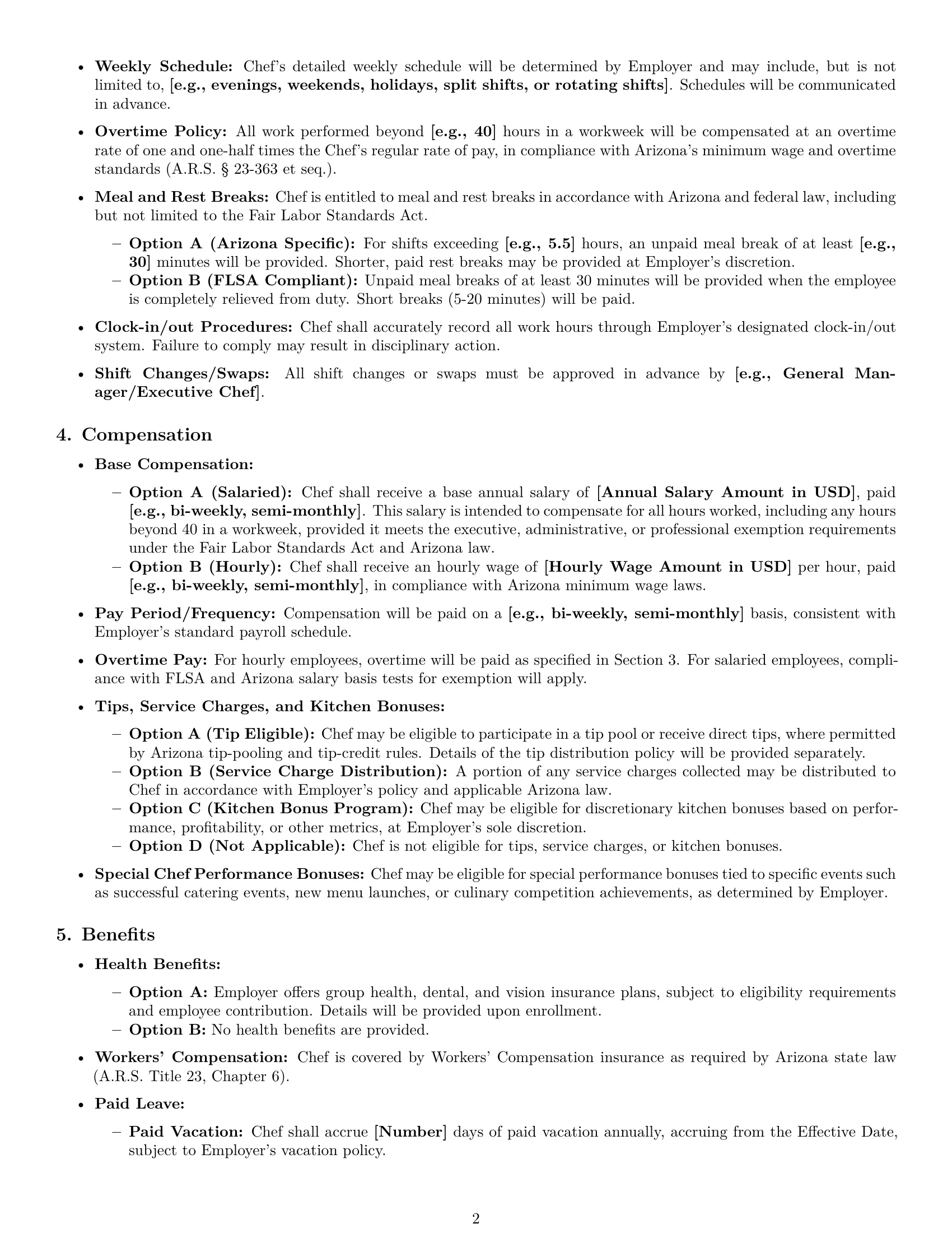 Preview page 2 of Pro Arizona chef employment contract template