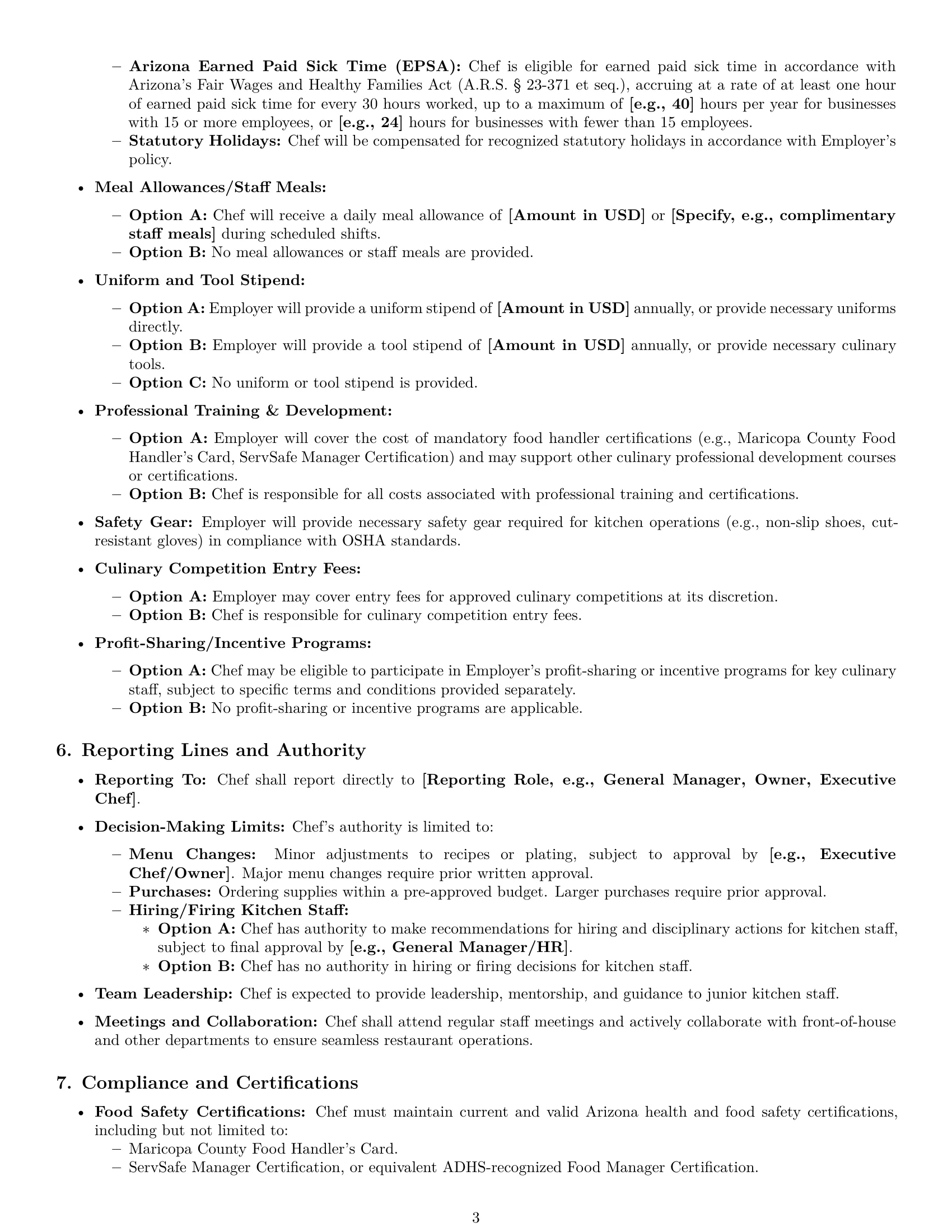 Preview page 3 of Pro Arizona chef employment contract template