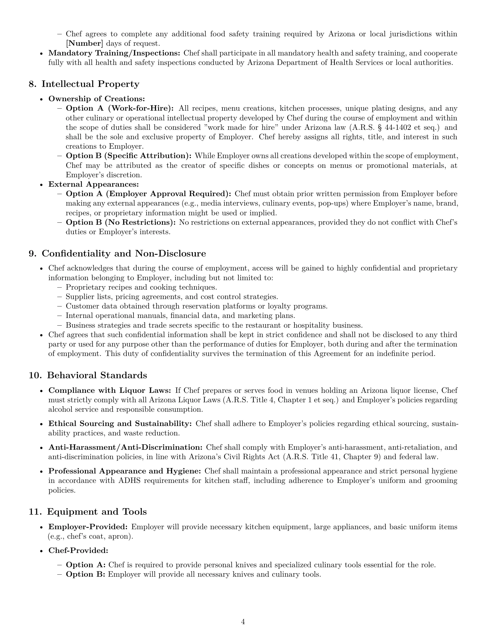 Preview page 4 of Pro Arizona chef employment contract template