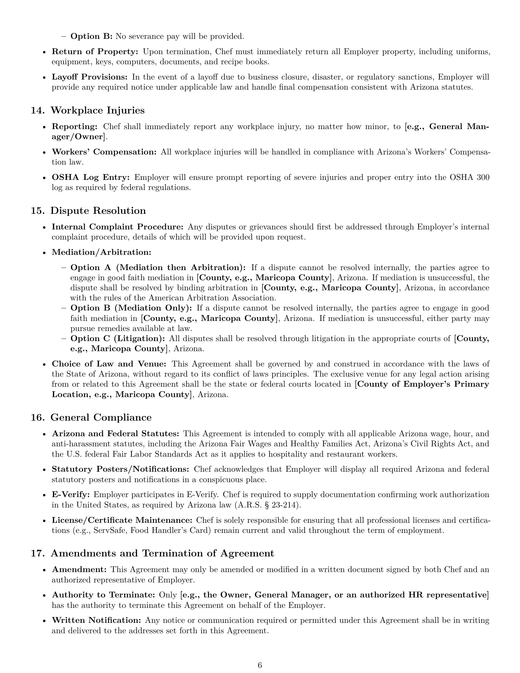 Preview page 6 of Pro Arizona chef employment contract template
