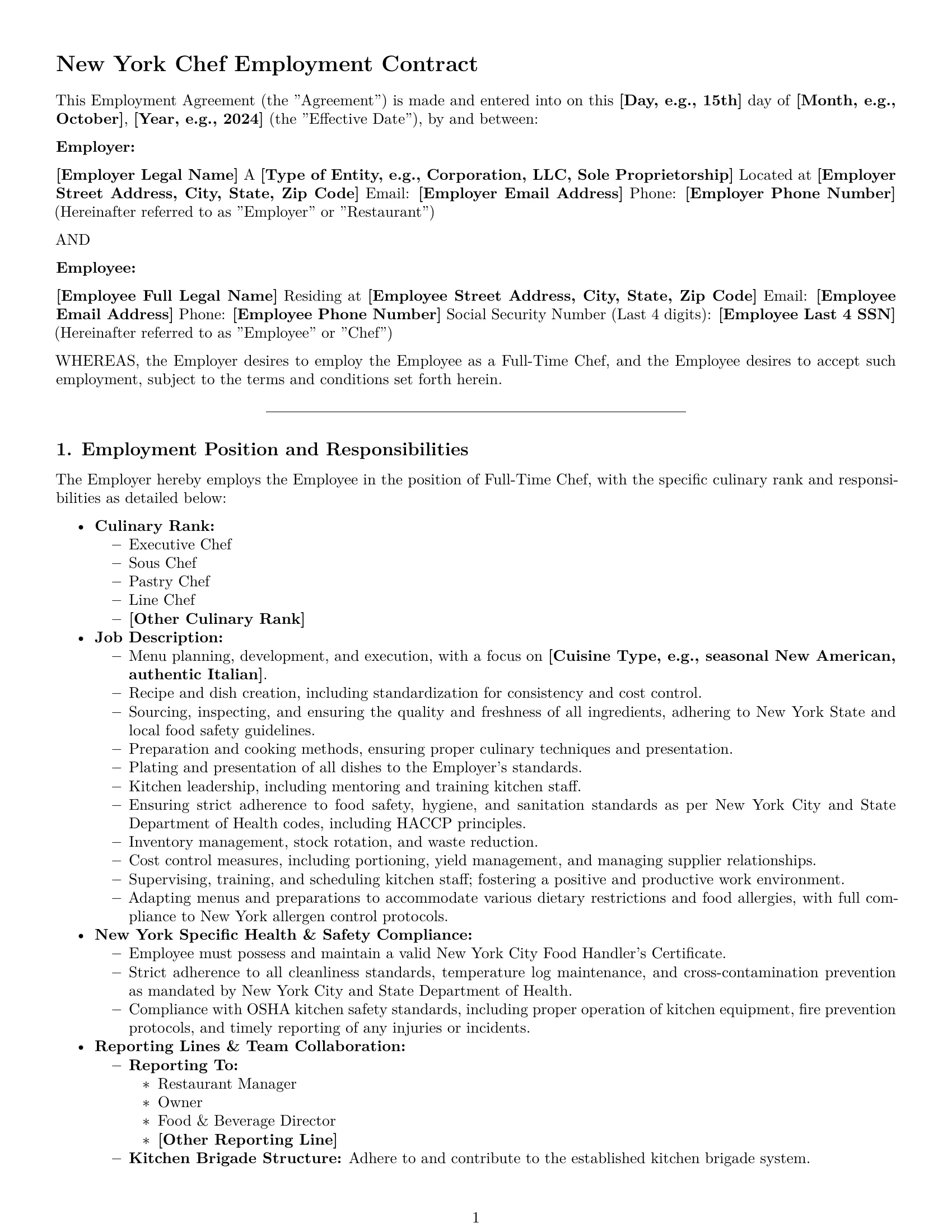Preview page 1 of Pro New York chef employment contract template