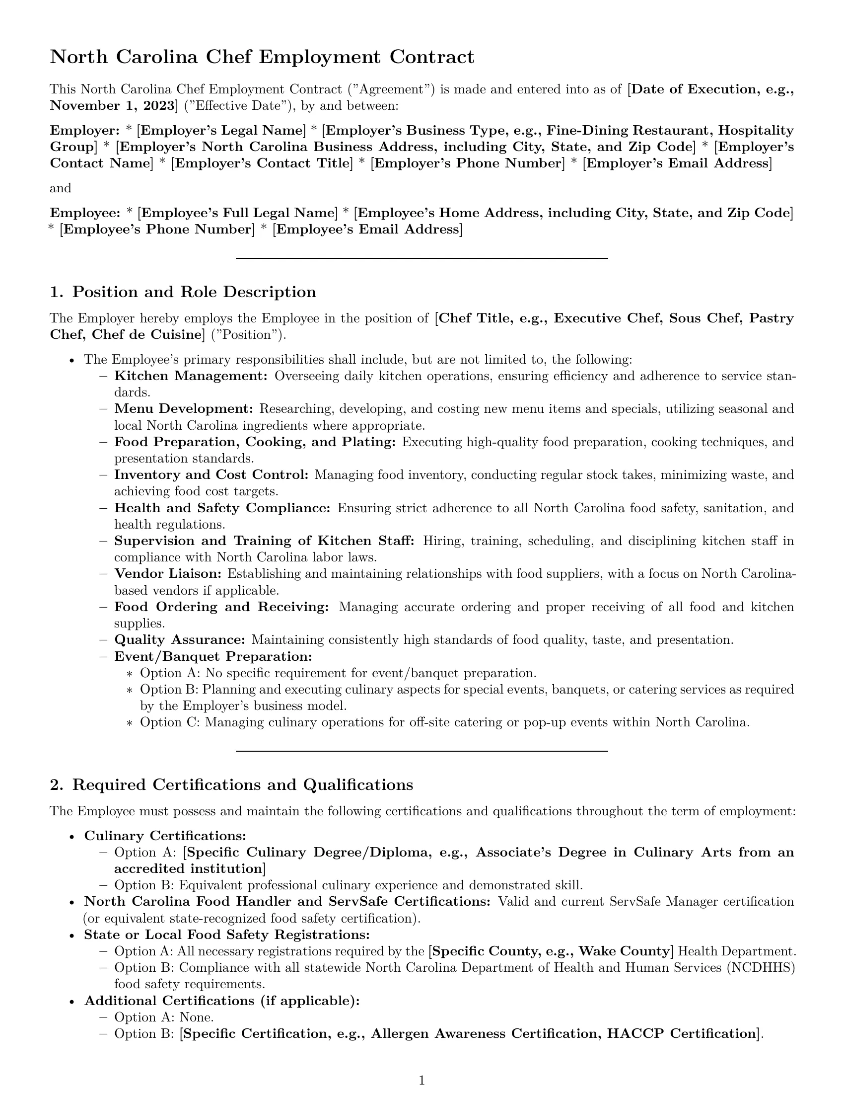 Preview page 1 of Pro North Carolina chef employment contract template