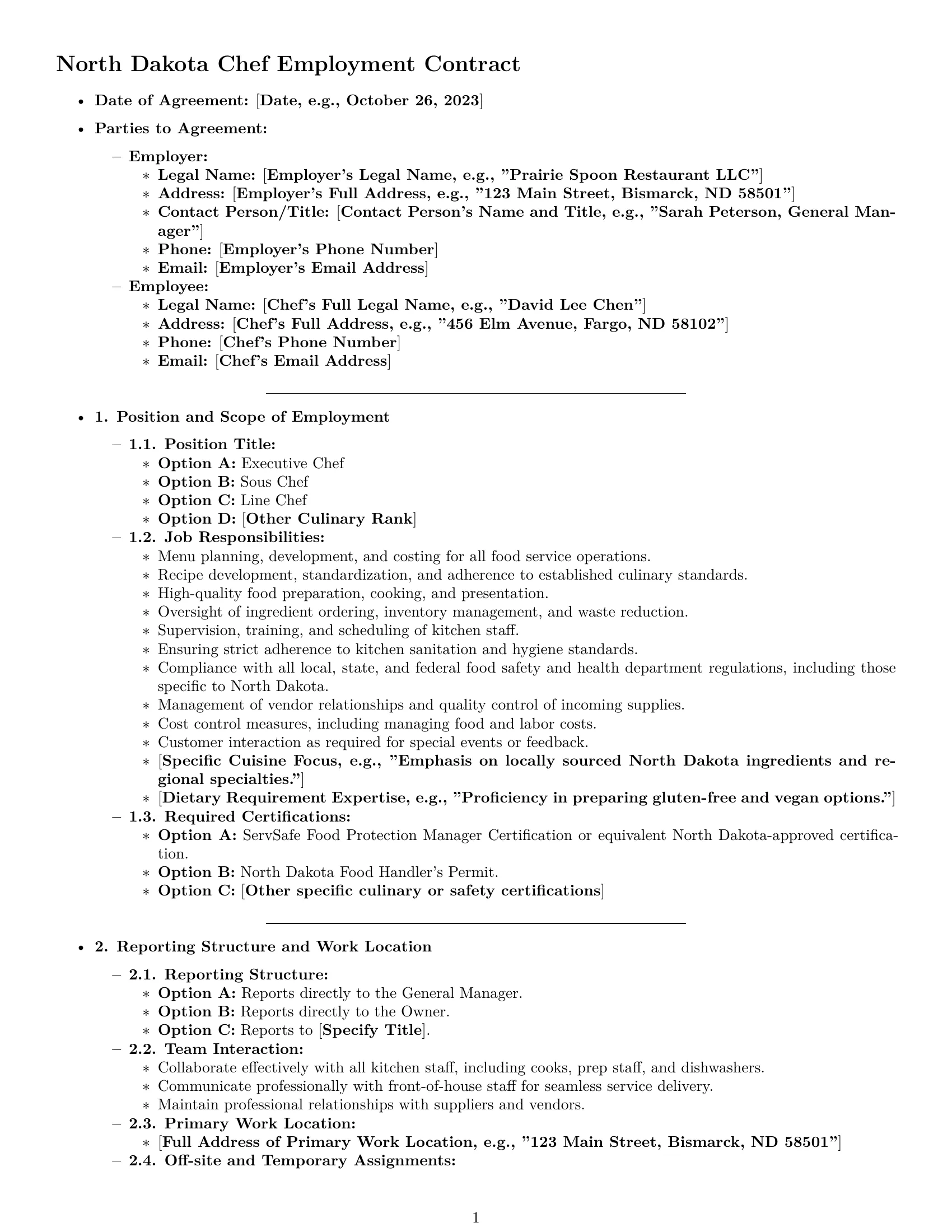 Preview page 1 of Pro North Dakota chef employment contract template