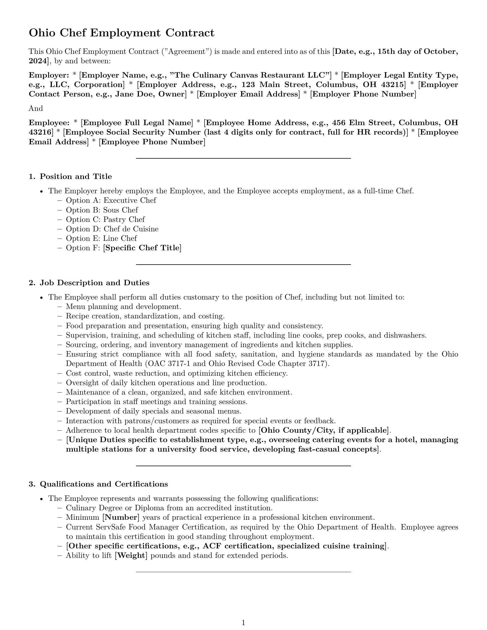 Preview page 1 of Pro Ohio chef employment contract template