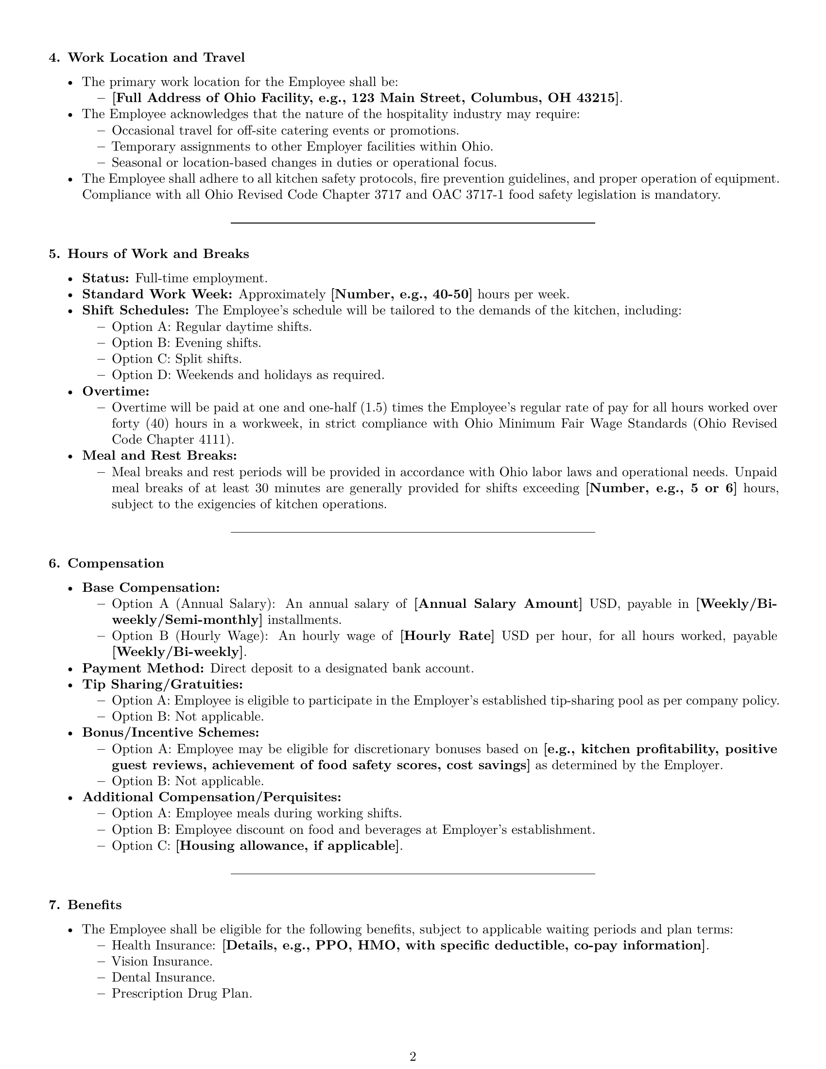 Preview page 2 of Pro Ohio chef employment contract template