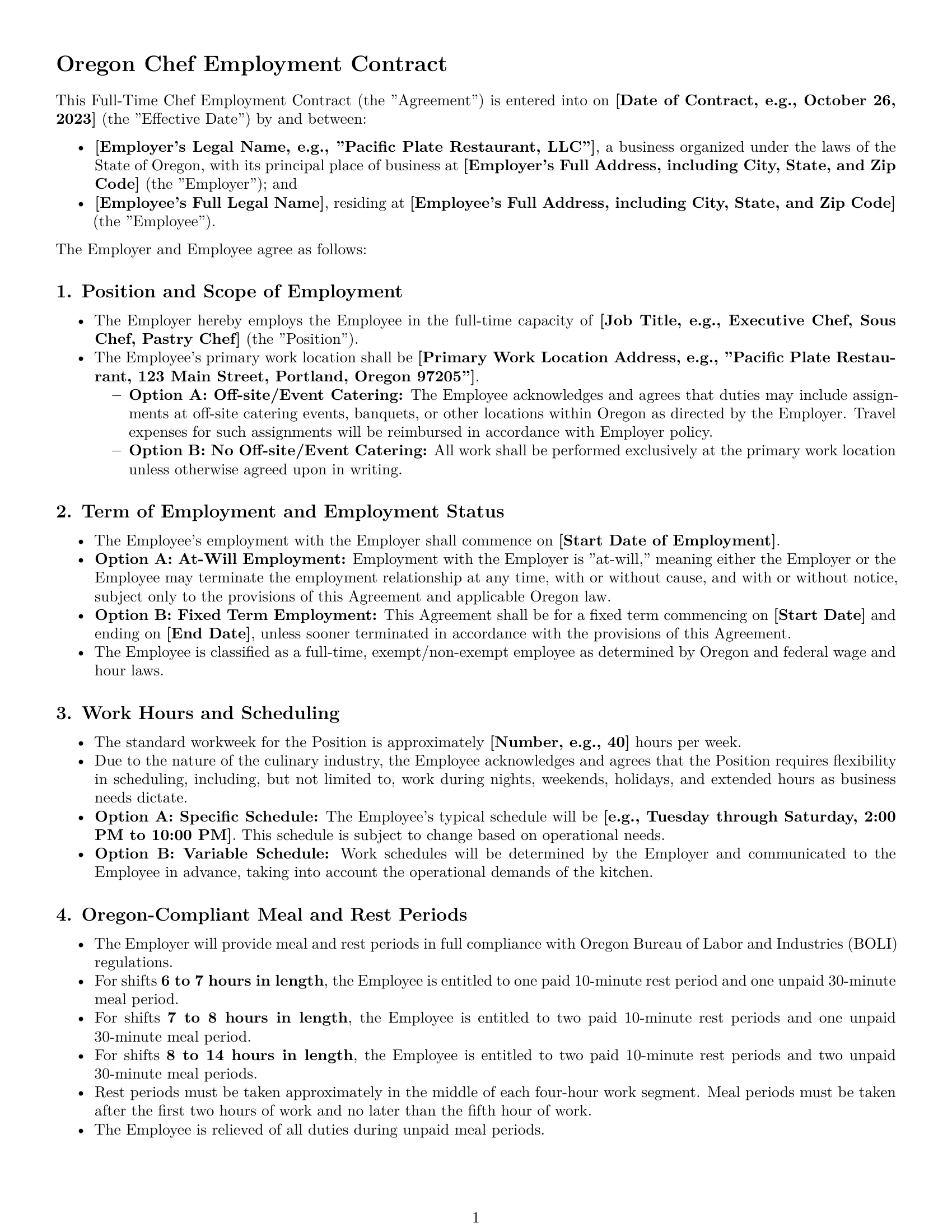 Preview page 1 of Pro Oregon chef employment contract template