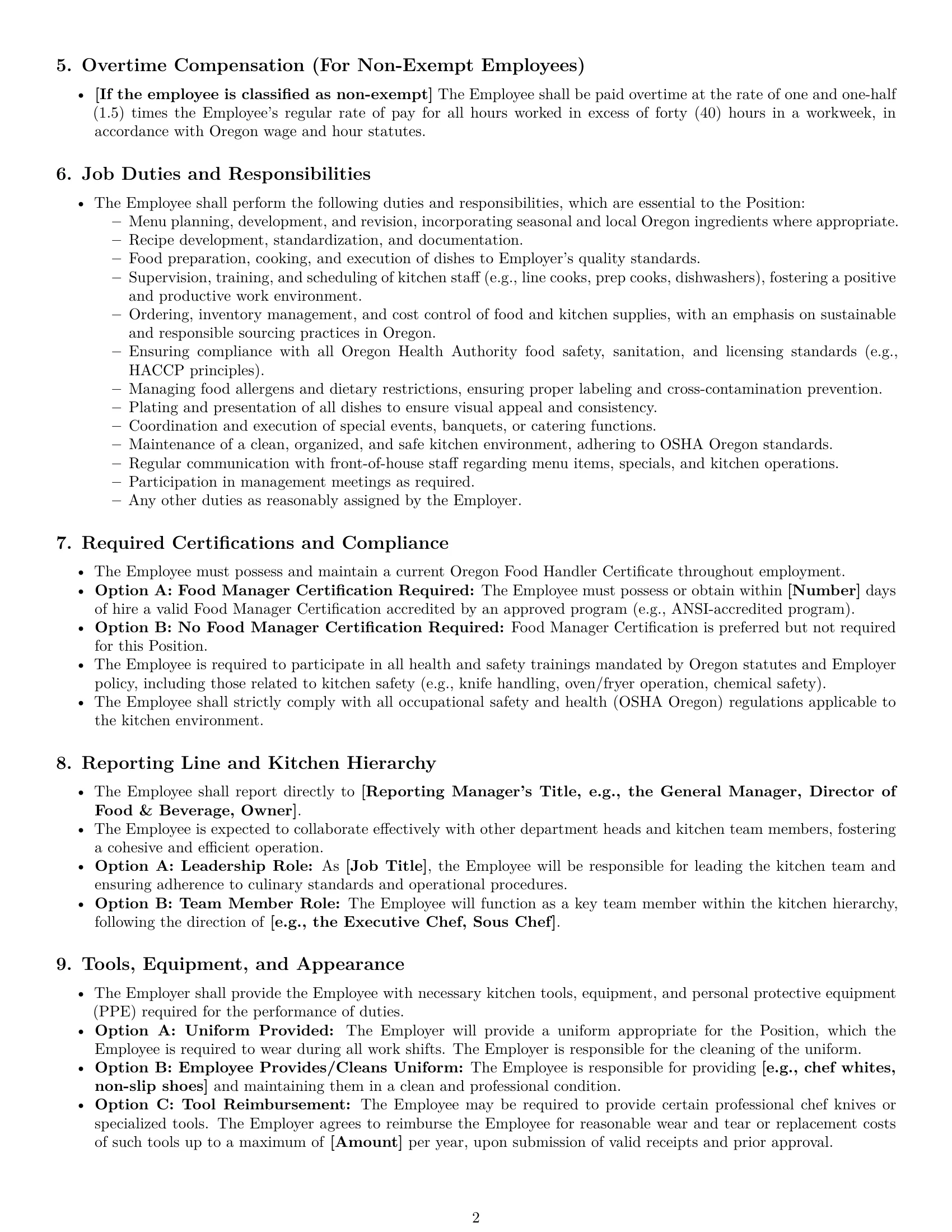 Preview page 2 of Pro Oregon chef employment contract template