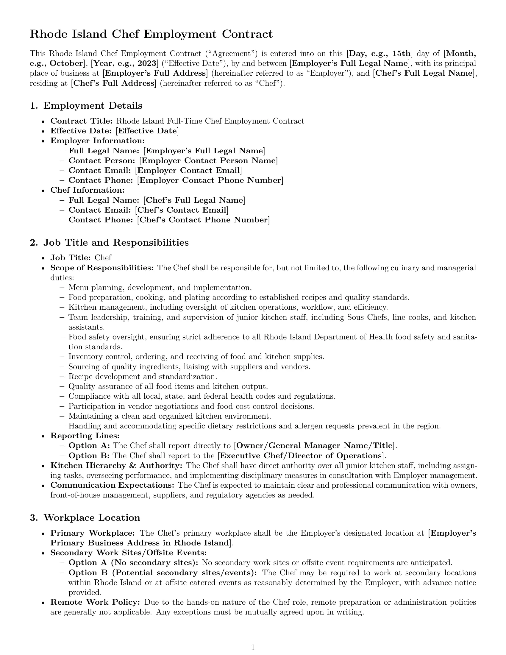 Preview page 1 of Pro Rhode Island chef employment contract template