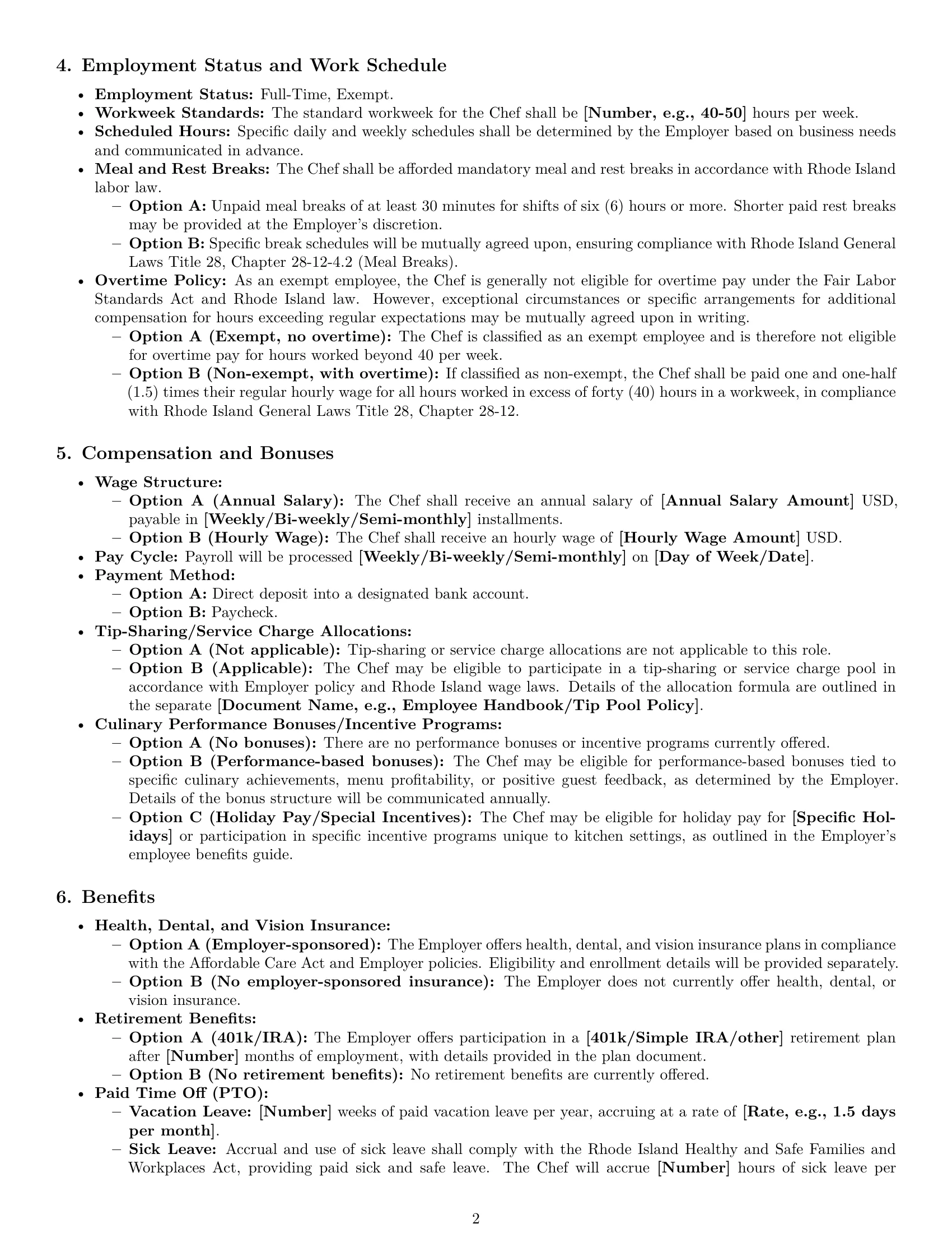 Preview page 2 of Pro Rhode Island chef employment contract template