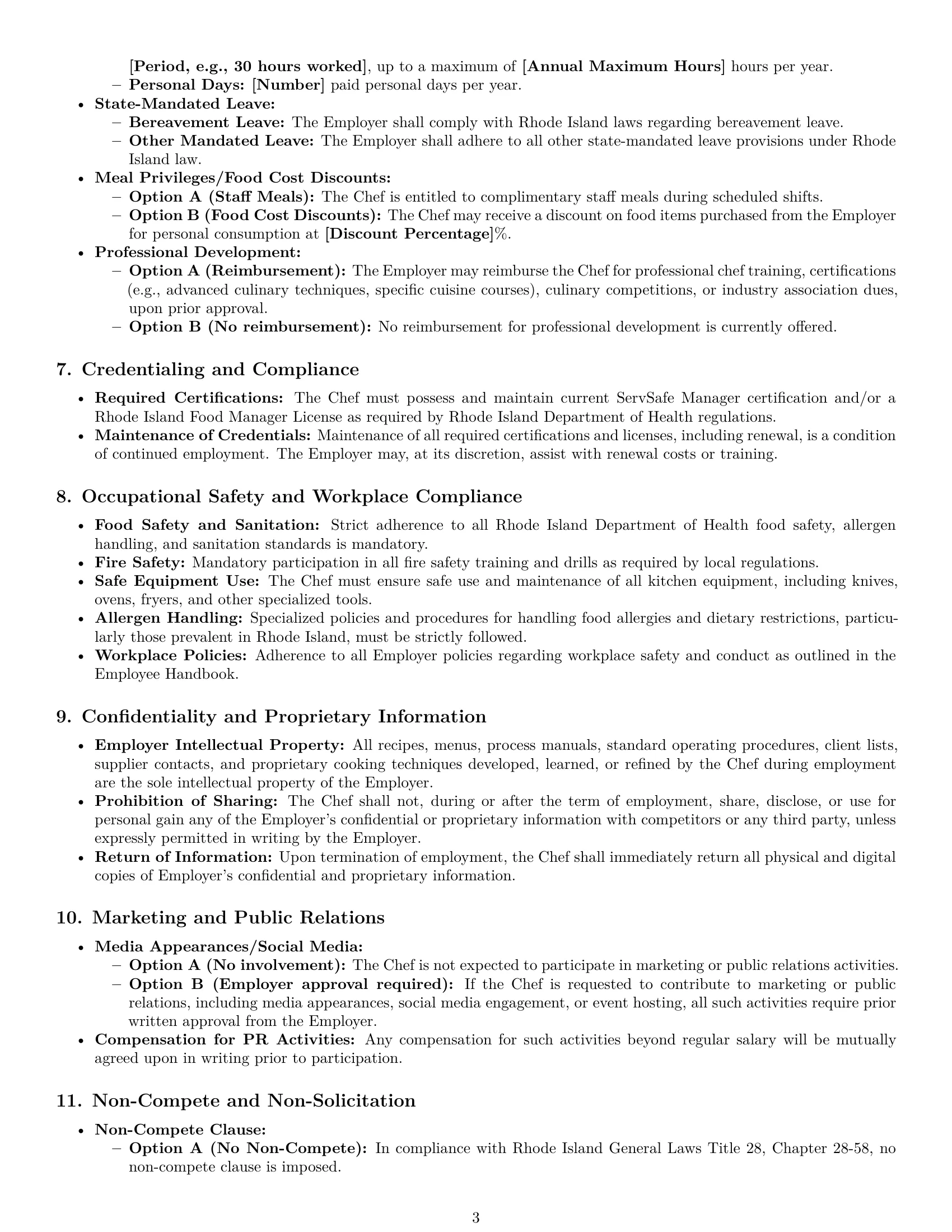 Preview page 3 of Pro Rhode Island chef employment contract template