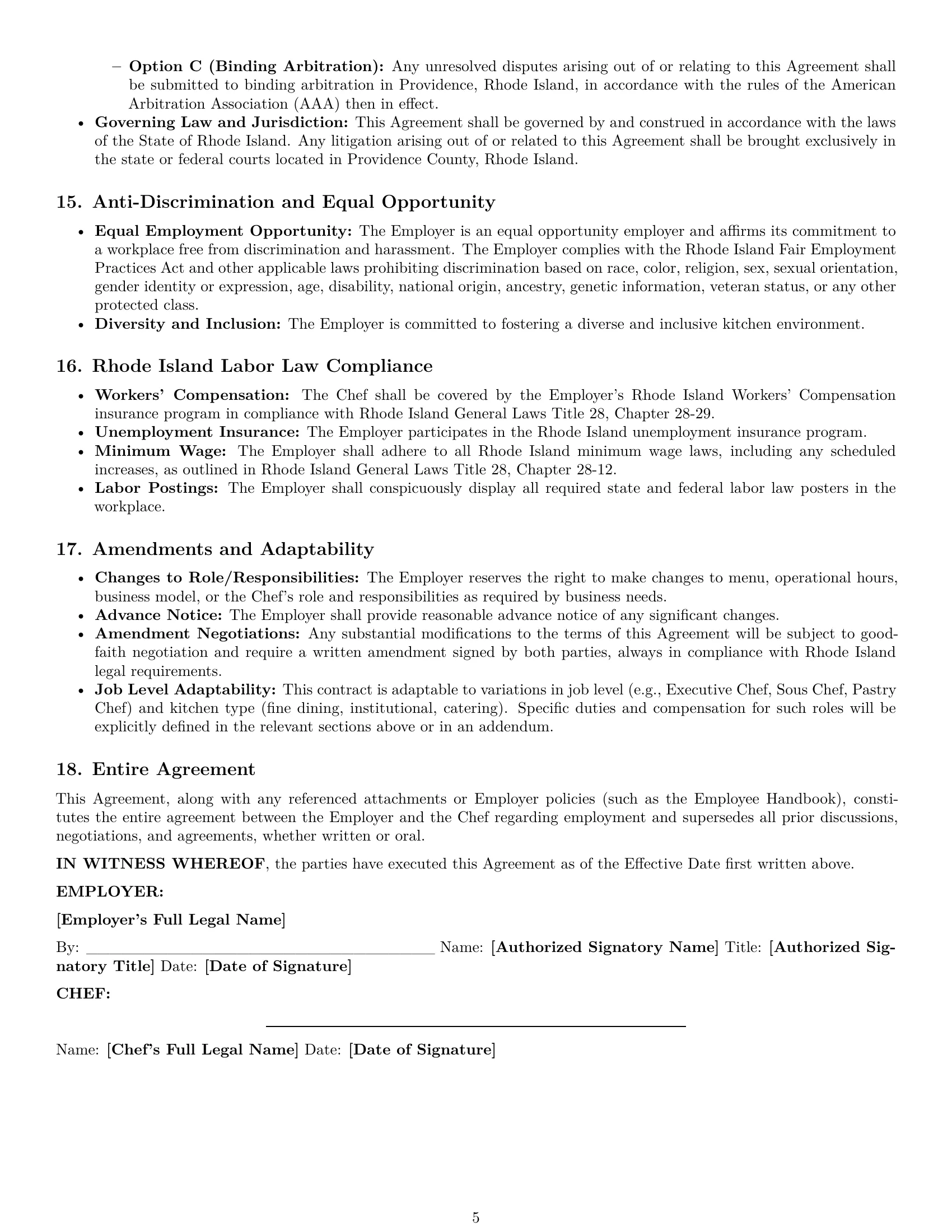Preview page 5 of Pro Rhode Island chef employment contract template