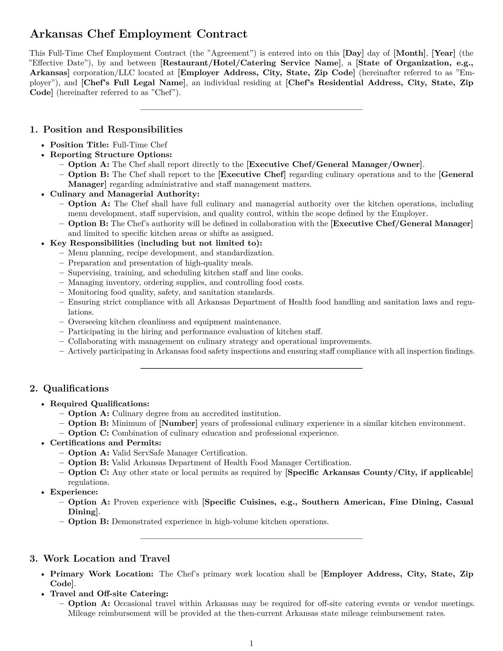 Preview page 1 of Pro Arkansas chef employment contract template