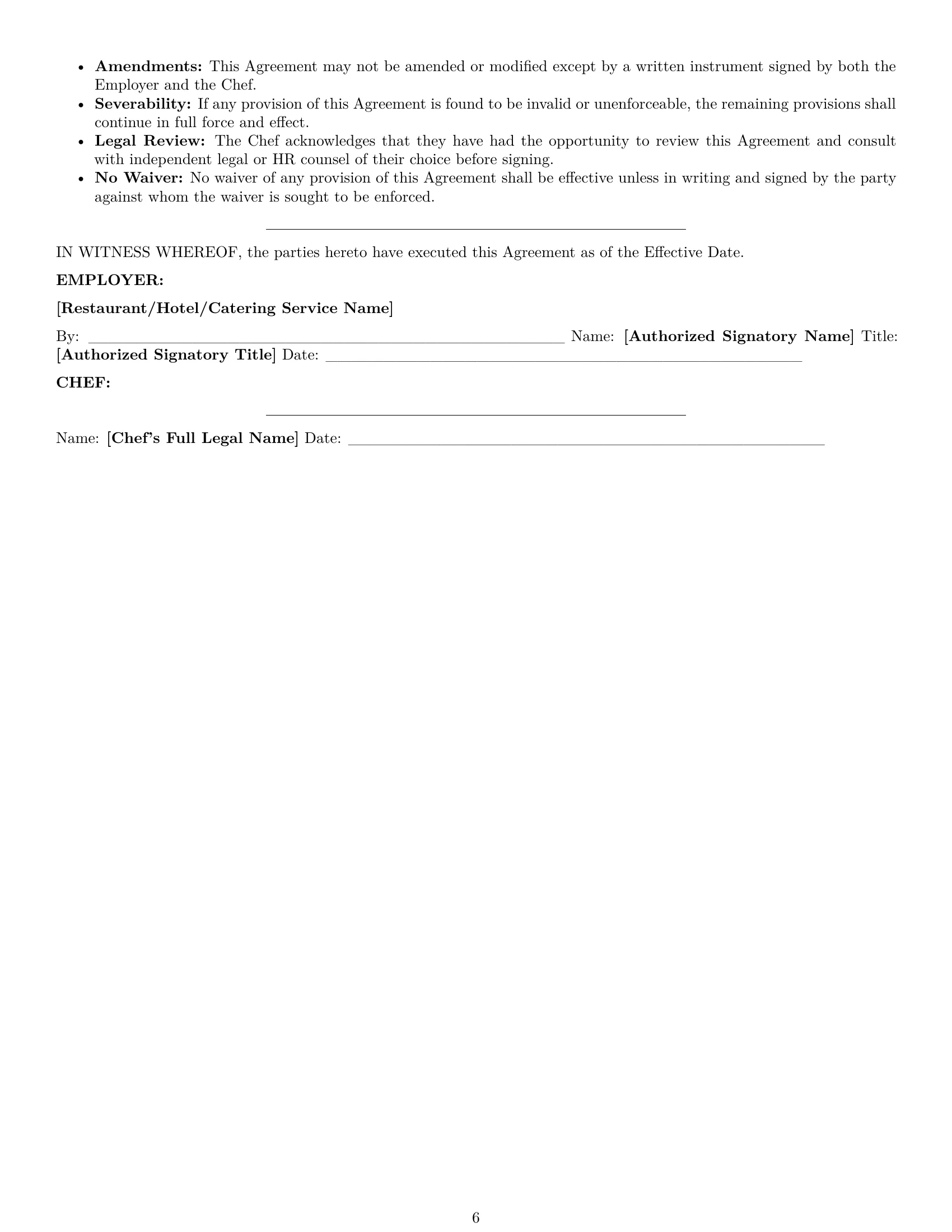 Preview page 6 of Pro Arkansas chef employment contract template