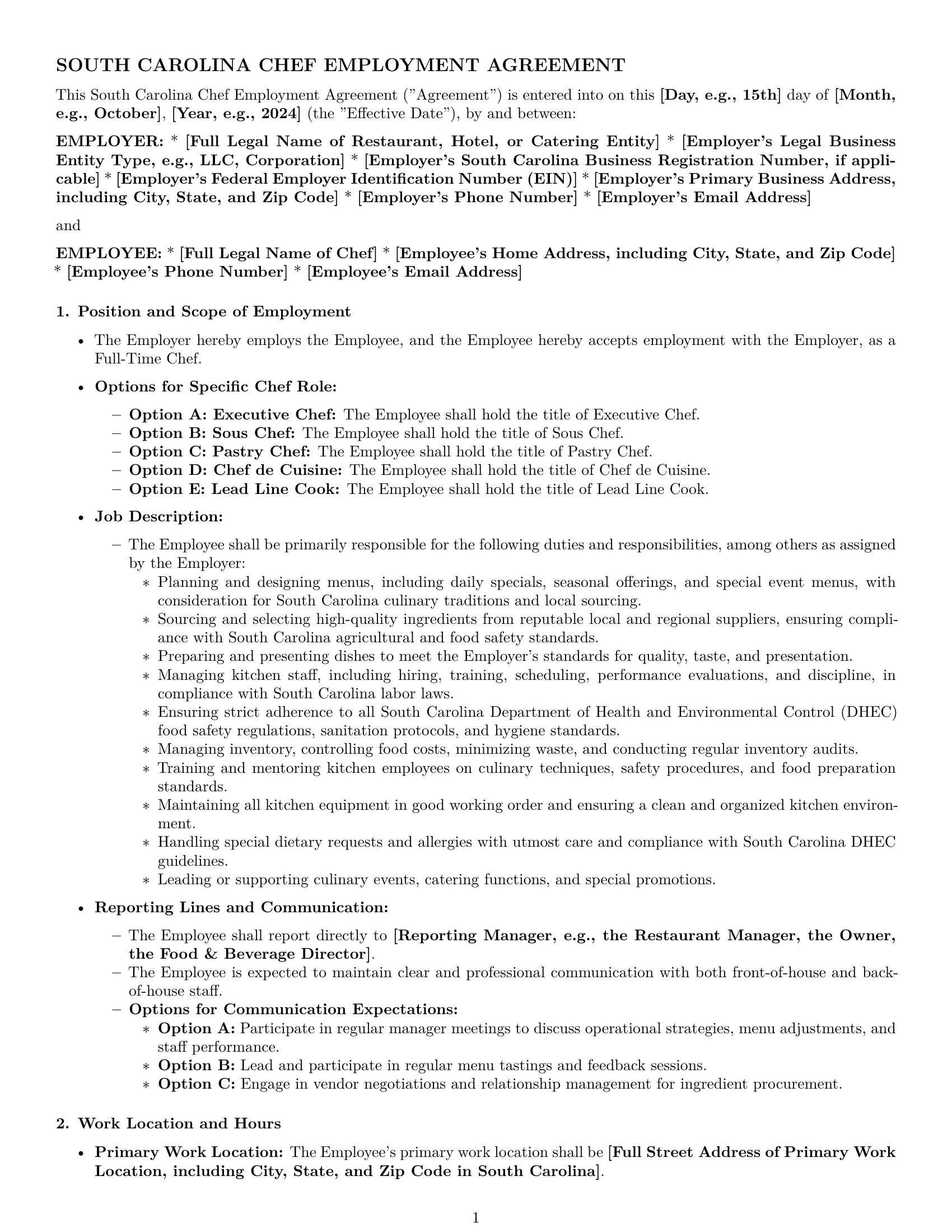 Preview page 1 of Pro South Carolina chef employment contract template