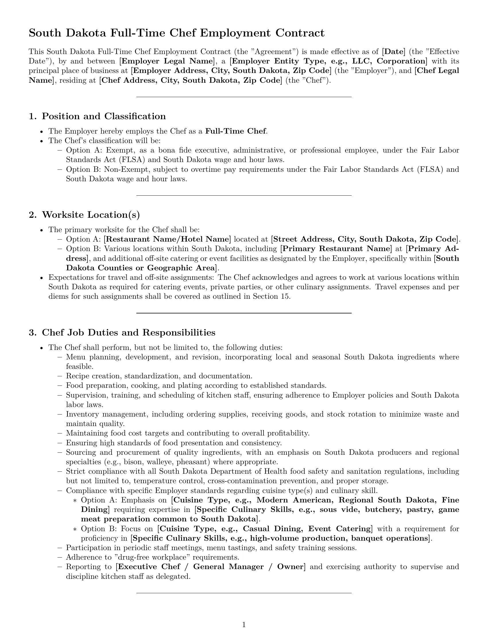 Preview page 1 of Pro South Dakota chef employment contract template
